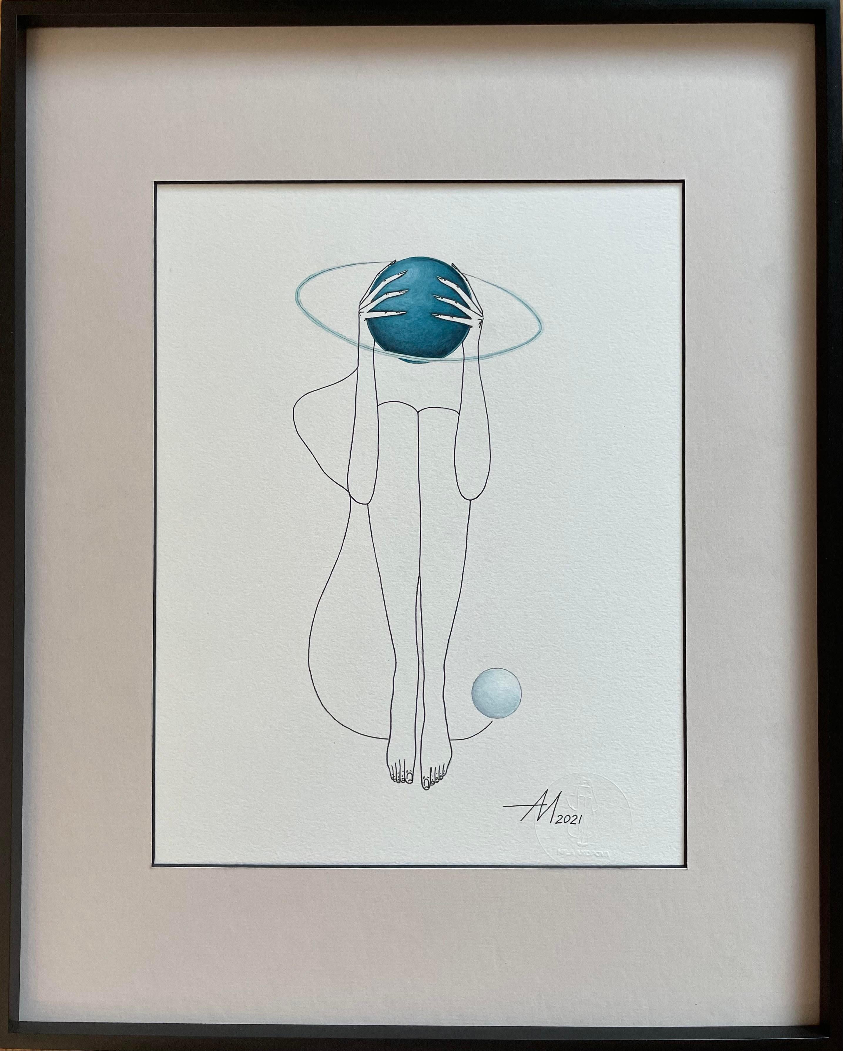 Mila Akopova Abstract Painting - Uranus (turquoise blue planet) - line drawing woman figure with circle