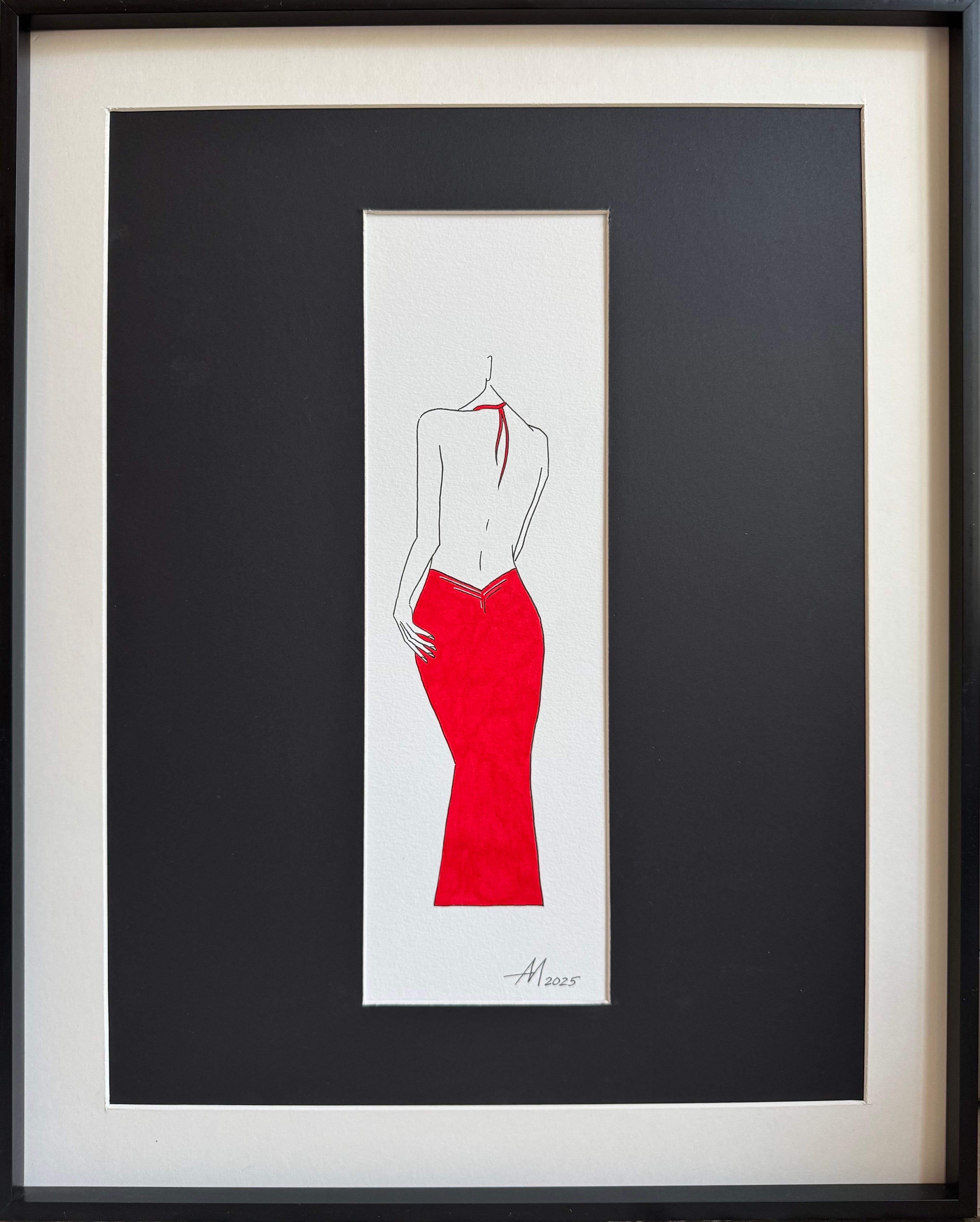 Mila Akopova Abstract Drawing – Es gibt niemand hier (Kollegen in Rot) - Linienzeichnung Frau Körper in rotem Kleid