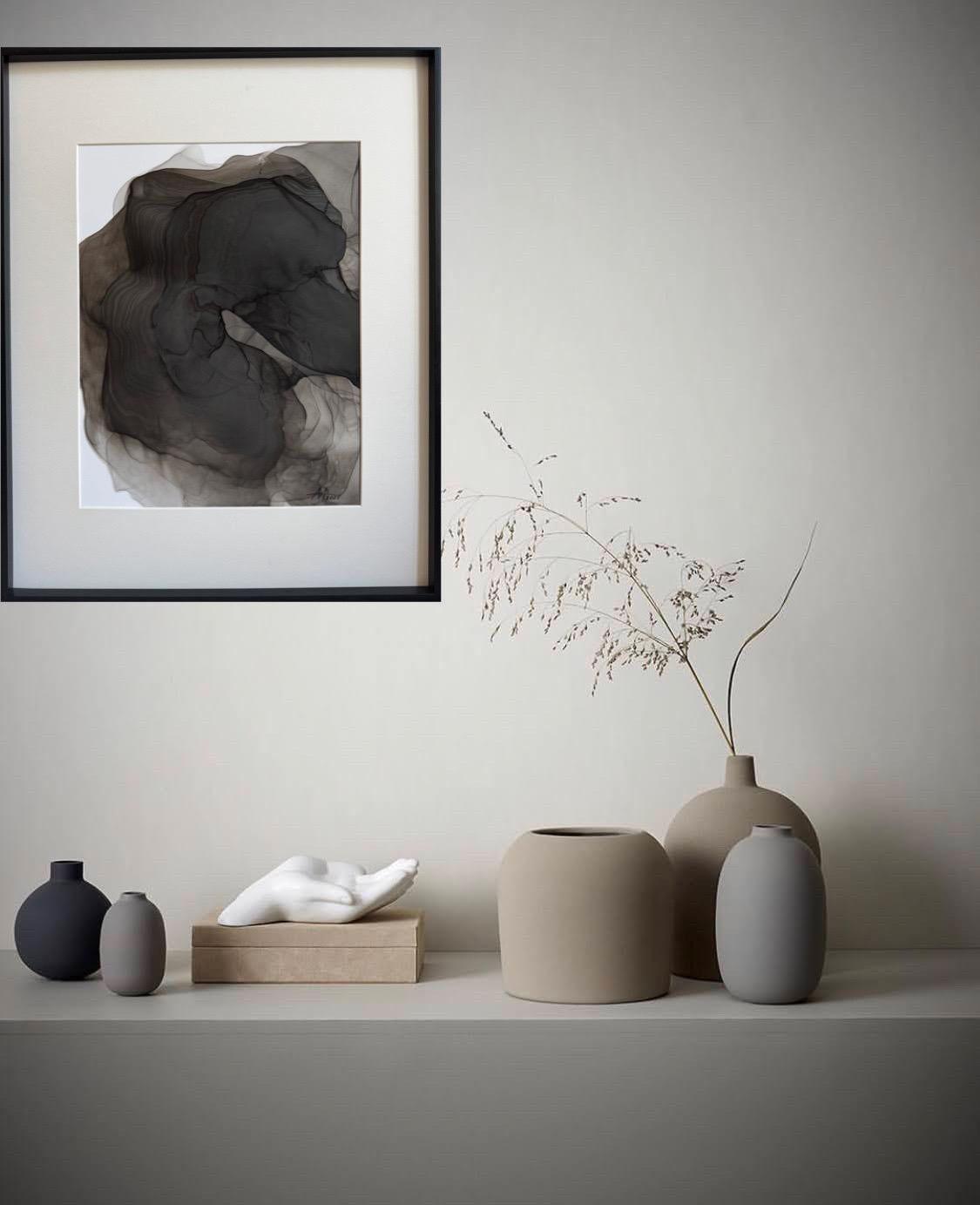 Ephemeral composition VI - abstract painting, made in black, grey color - Gray Abstract Drawing by Mila Akopova