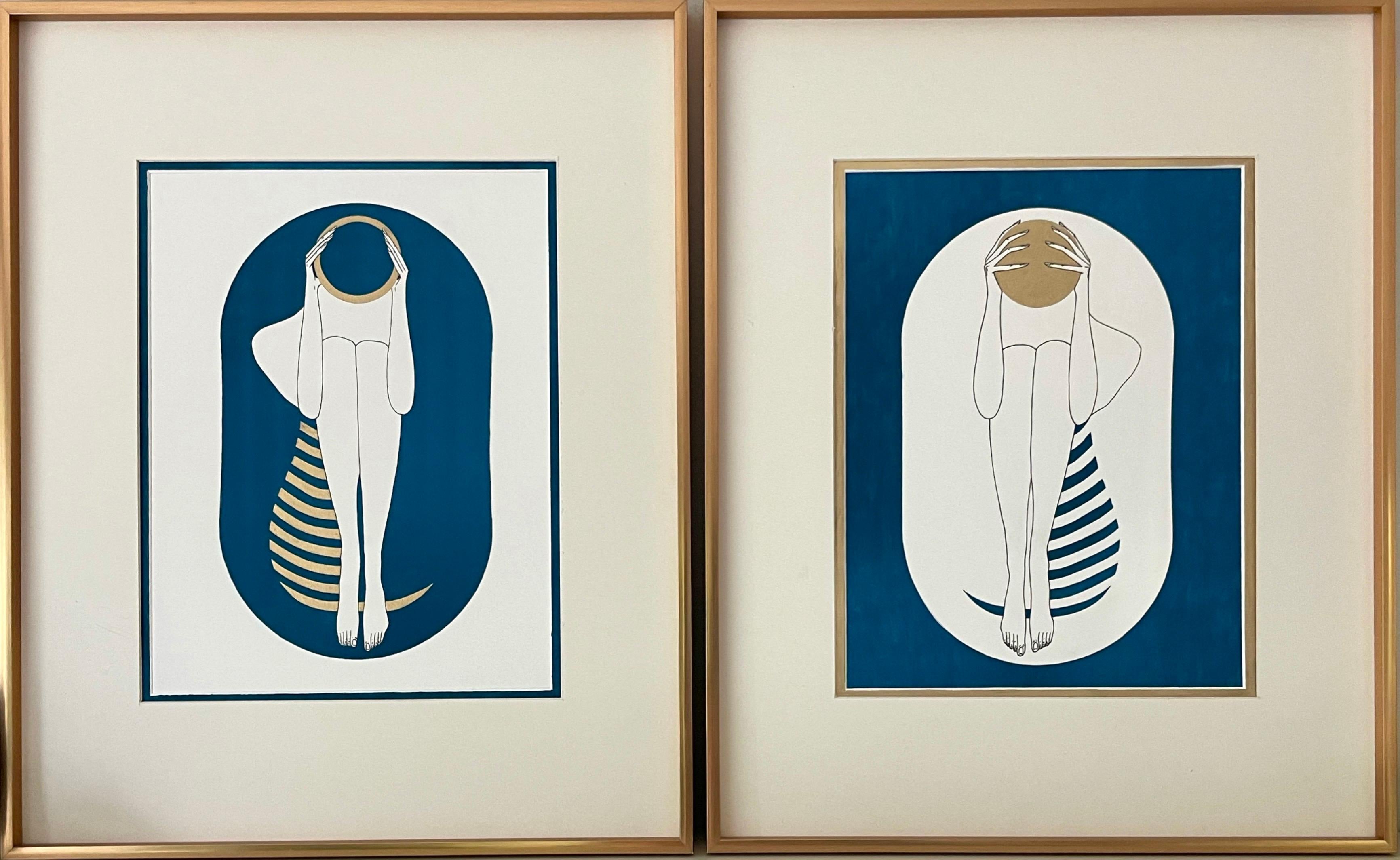 Mila Akopova Abstract Painting - Turquoise and white capsule - line drawing figure with gold disk and stripes