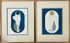 Turquoise and white capsule - line drawing figure with gold disk and stripes