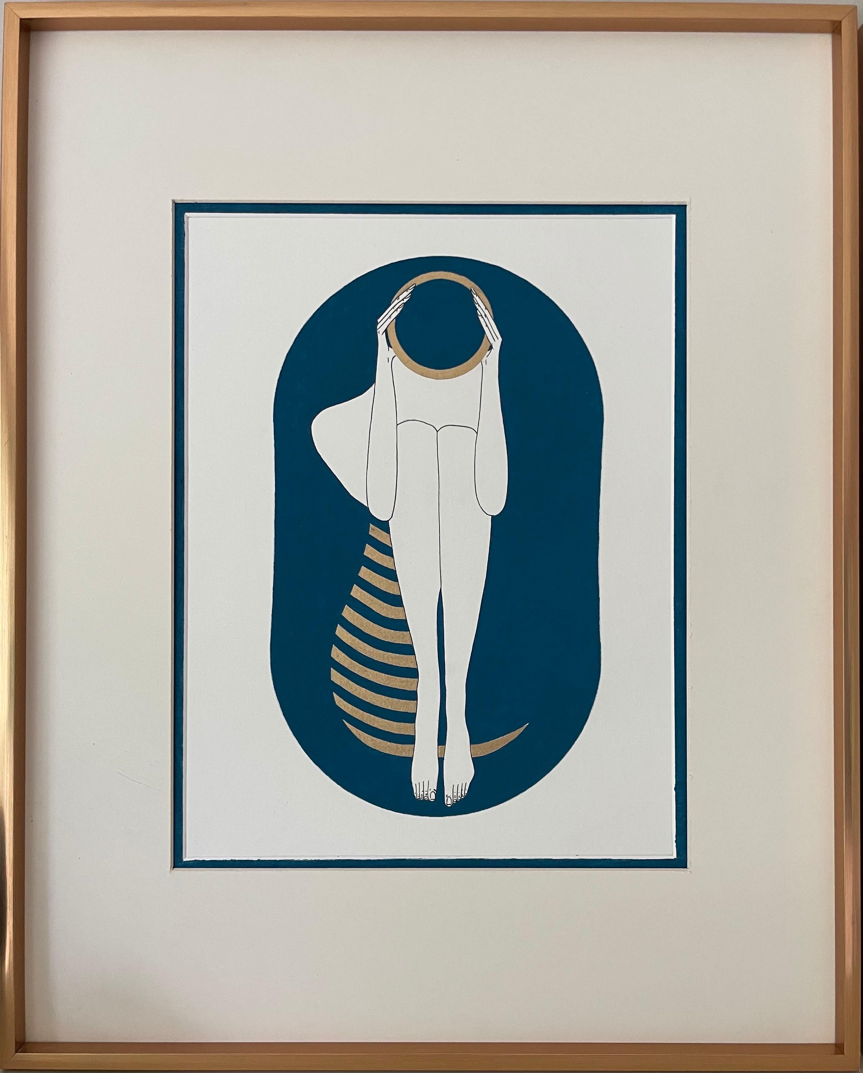 Turquoise and white capsule - line drawing figure with gold disk and stripes - Painting by Mila Akopova