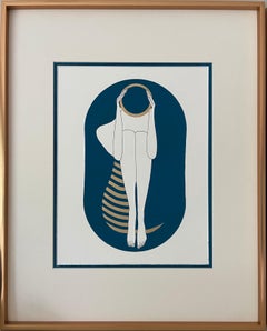 Turquoise and white capsule - line drawing figure with gold disk and stripes