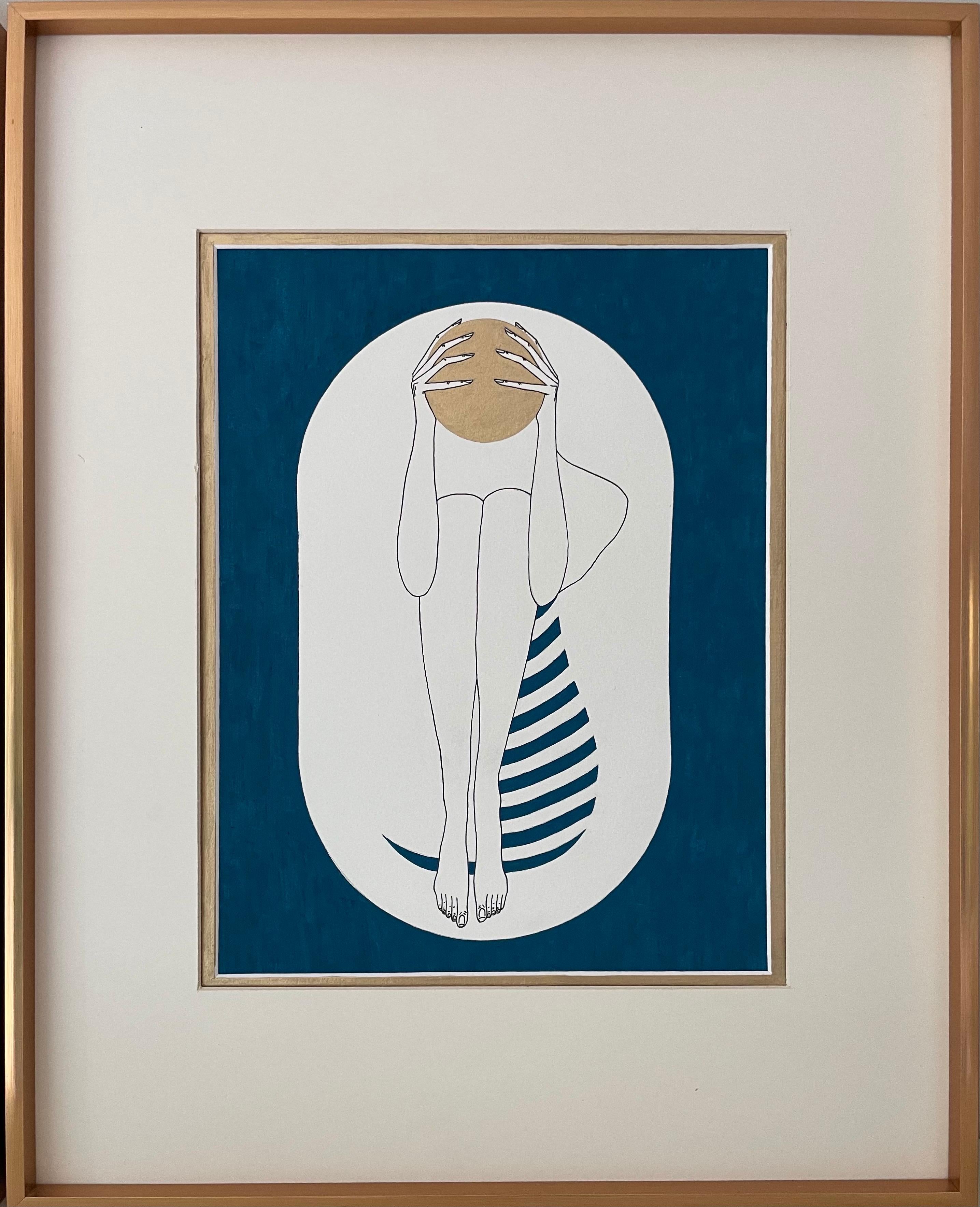 Capsula turchese e bianca - figura disegnata con disco e strisce dorate - Painting Minimalismo di Mila Akopova