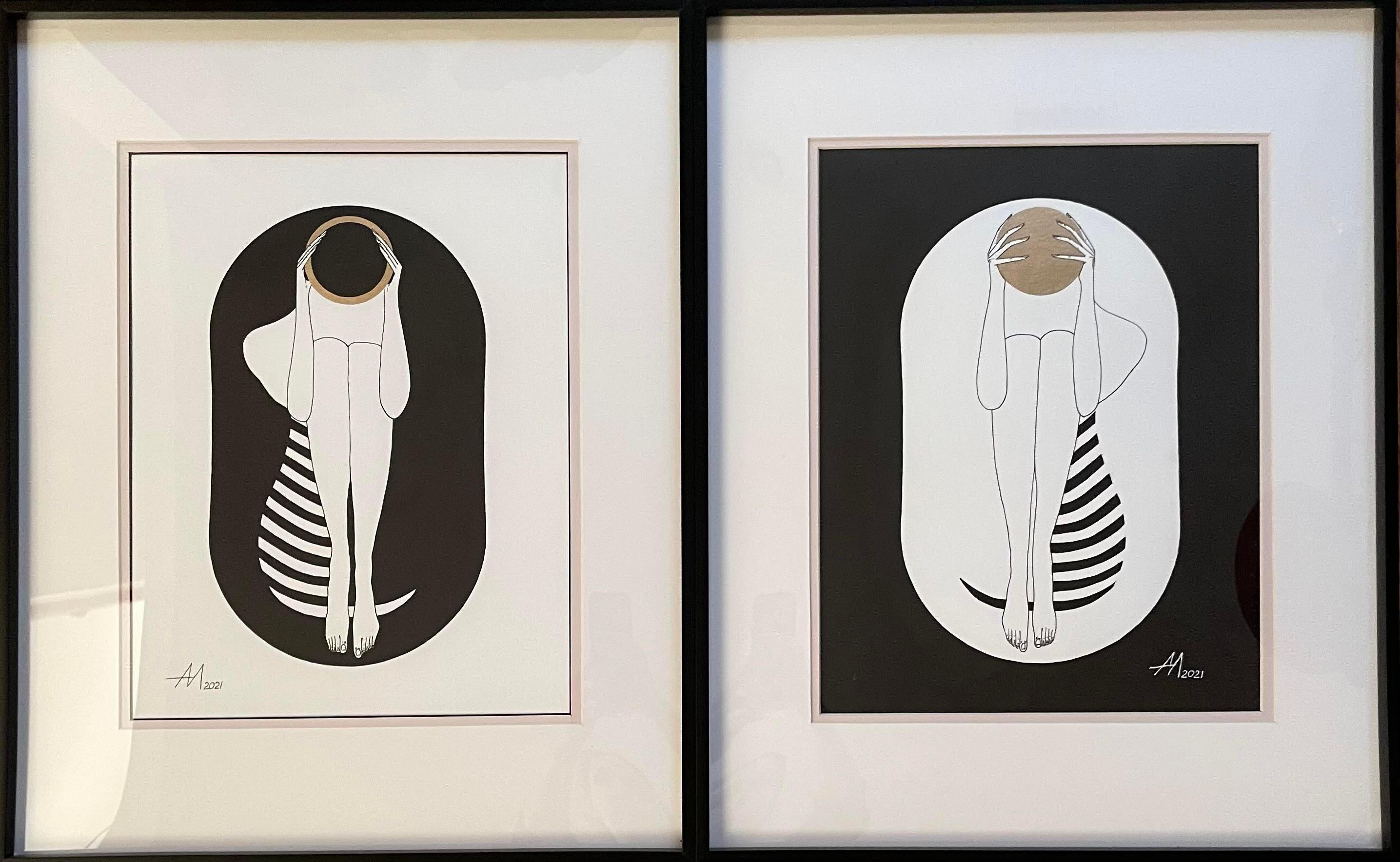 Black and white capsule - line drawing figure with gold disk and stripes
