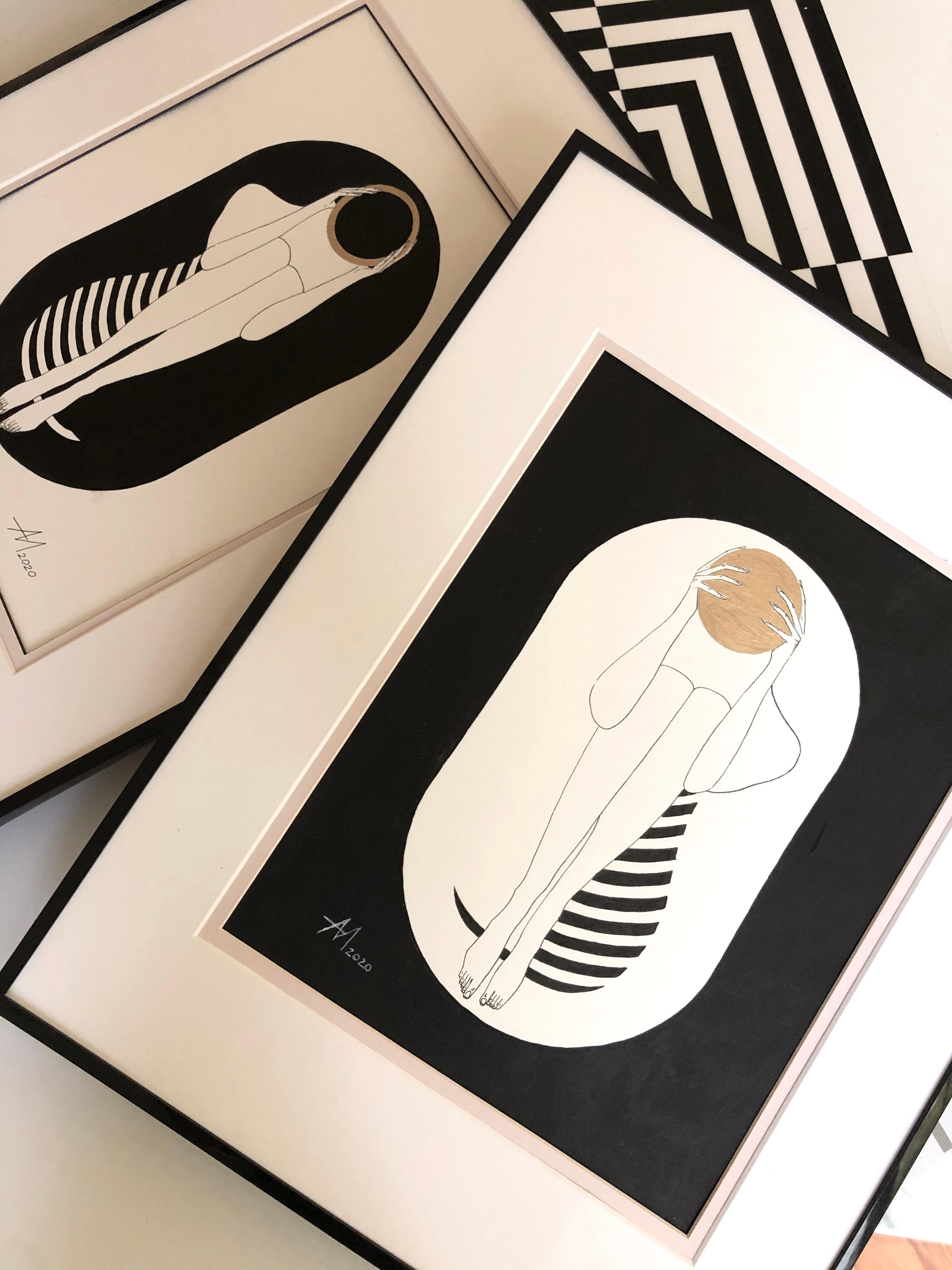 Black and white capsule - line drawing figure with gold disk and stripes - Gray Abstract Painting by Mila Akopova