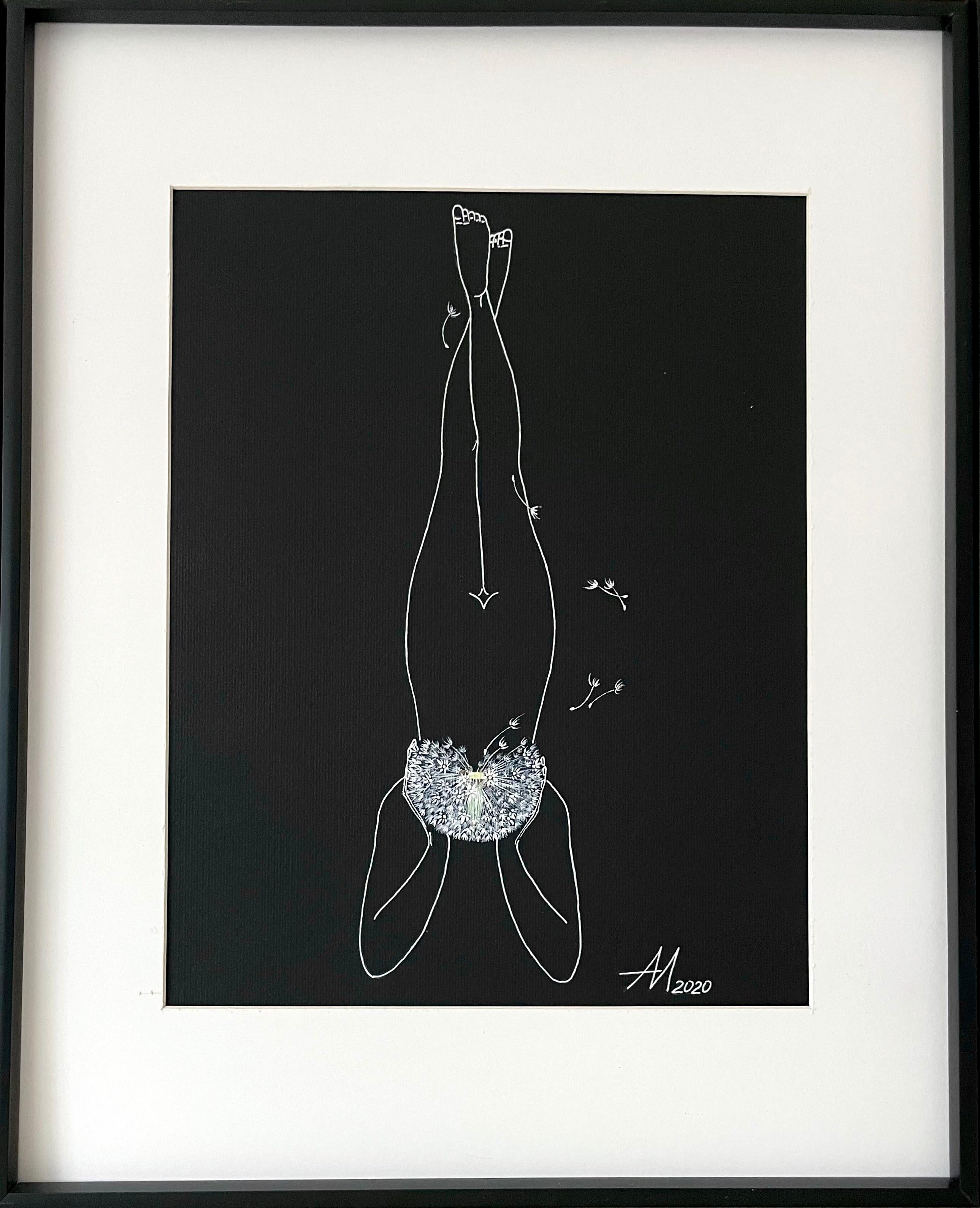 Vuelo de los pensamientos - dibujo lineal figura de mujer con diente de león blanco