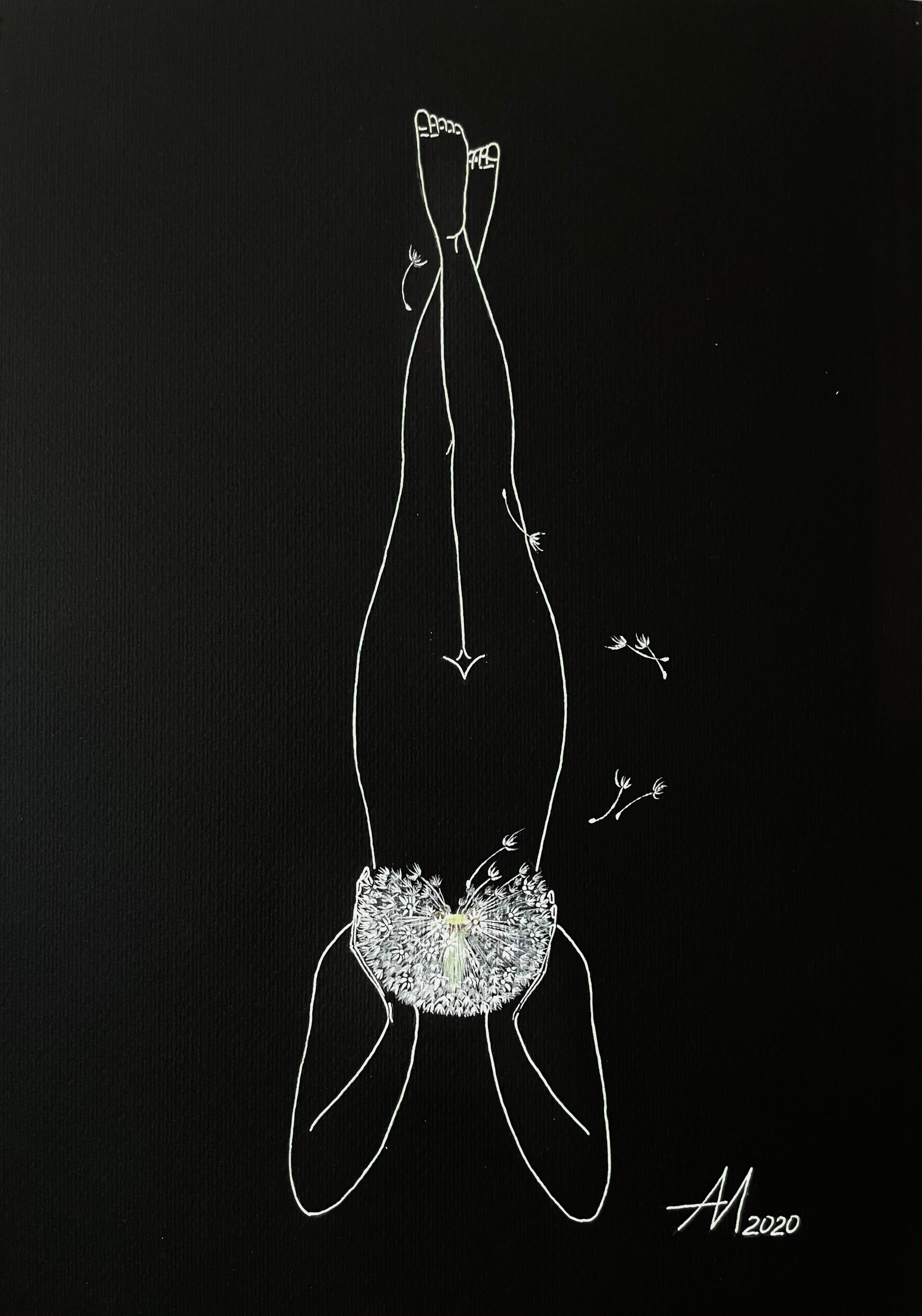 Flight of the thoughts - dessin au trait d'une figure de femme avec une danse blanche - Painting de Mila Akopova