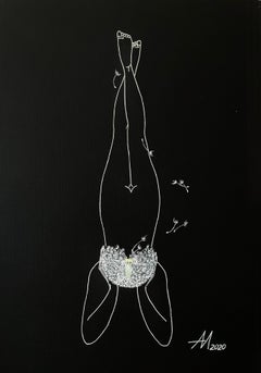 Flight of the thoughts - line drawing woman figure with white dandelion