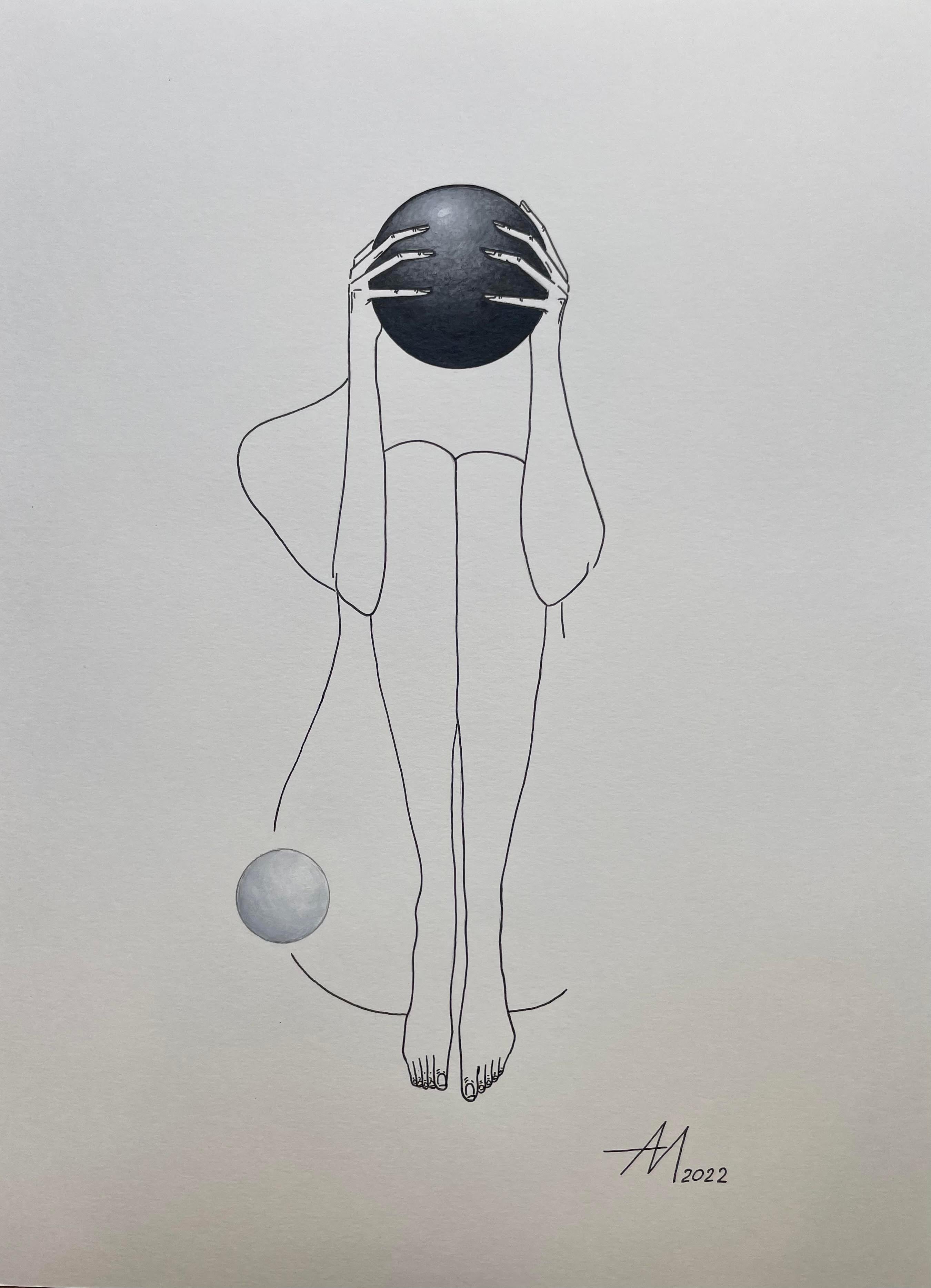 Yin and Yang Planets - line drawing woman figure with black and white circle - Art by Mila Akopova