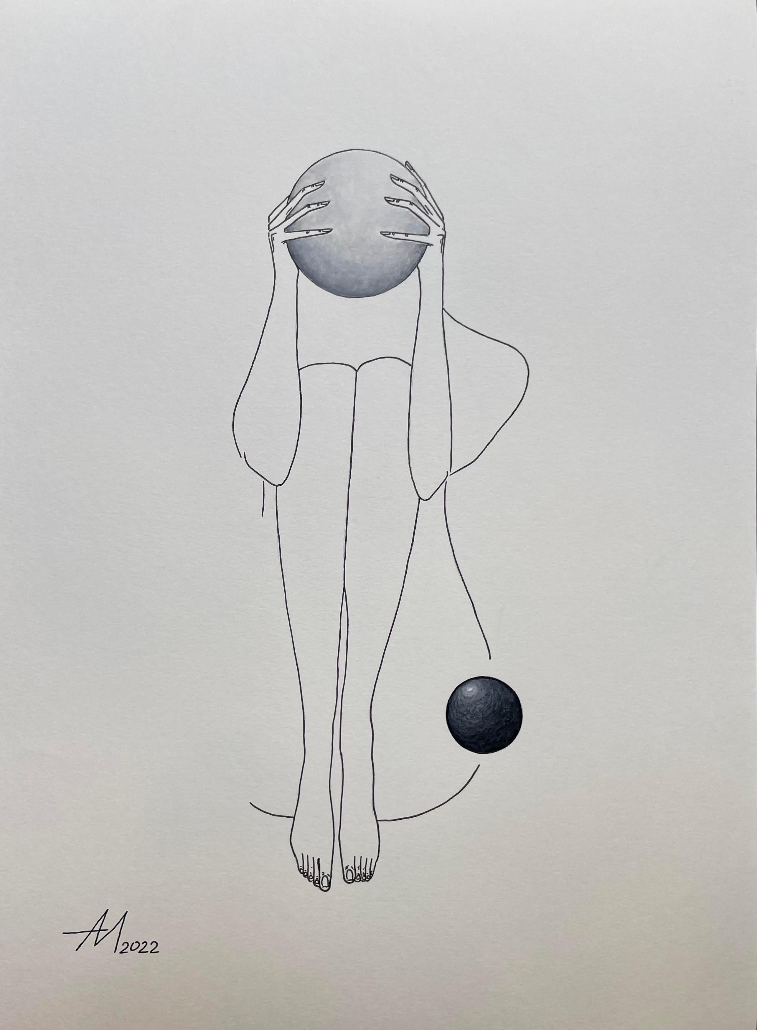 Yin and Yang Planets - dessin au trait d'une figure de femme avec cercle en noir et blanc - Minimaliste Art par Mila Akopova