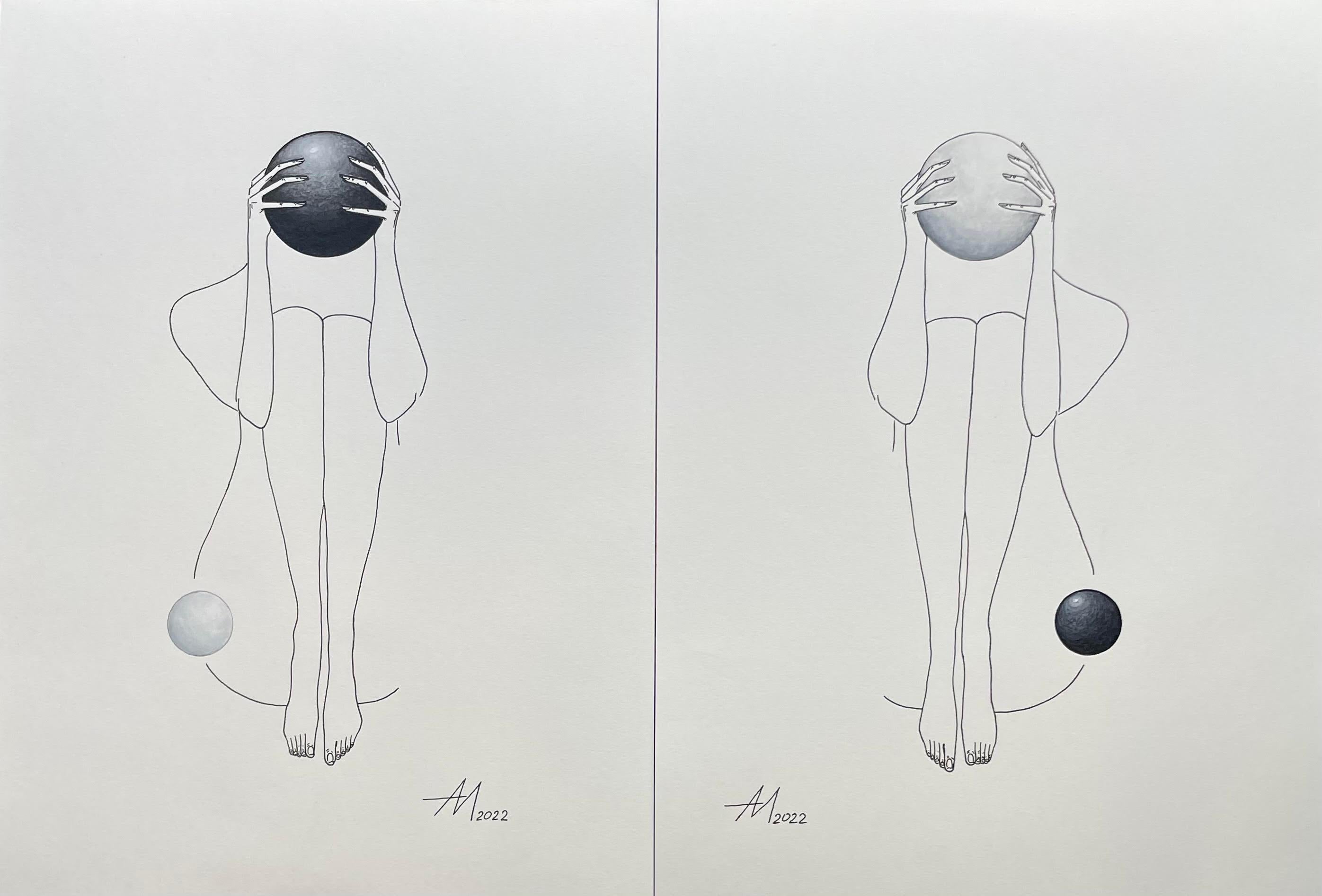 Figurative Art Mila Akopova - Yin and Yang Planets - dessin au trait d'une figure de femme avec cercle en noir et blanc