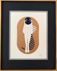 Bronze capsule - line drawing figure with deep blue disk and stripes