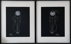Thoughts I - line drawing woman figure with white dandelion