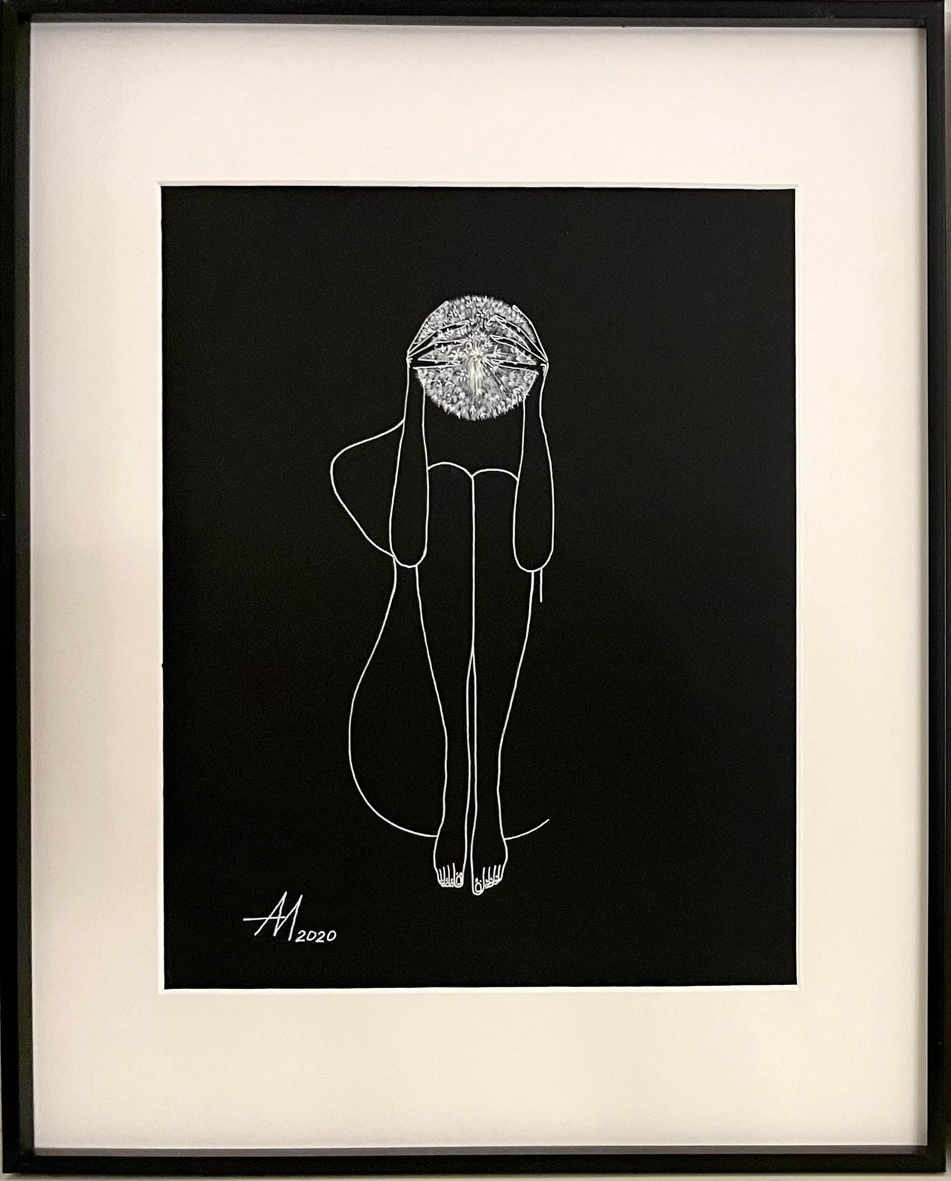 Thoughts - line drawing woman figure with white dandelions - Black Abstract Drawing by Mila Akopova