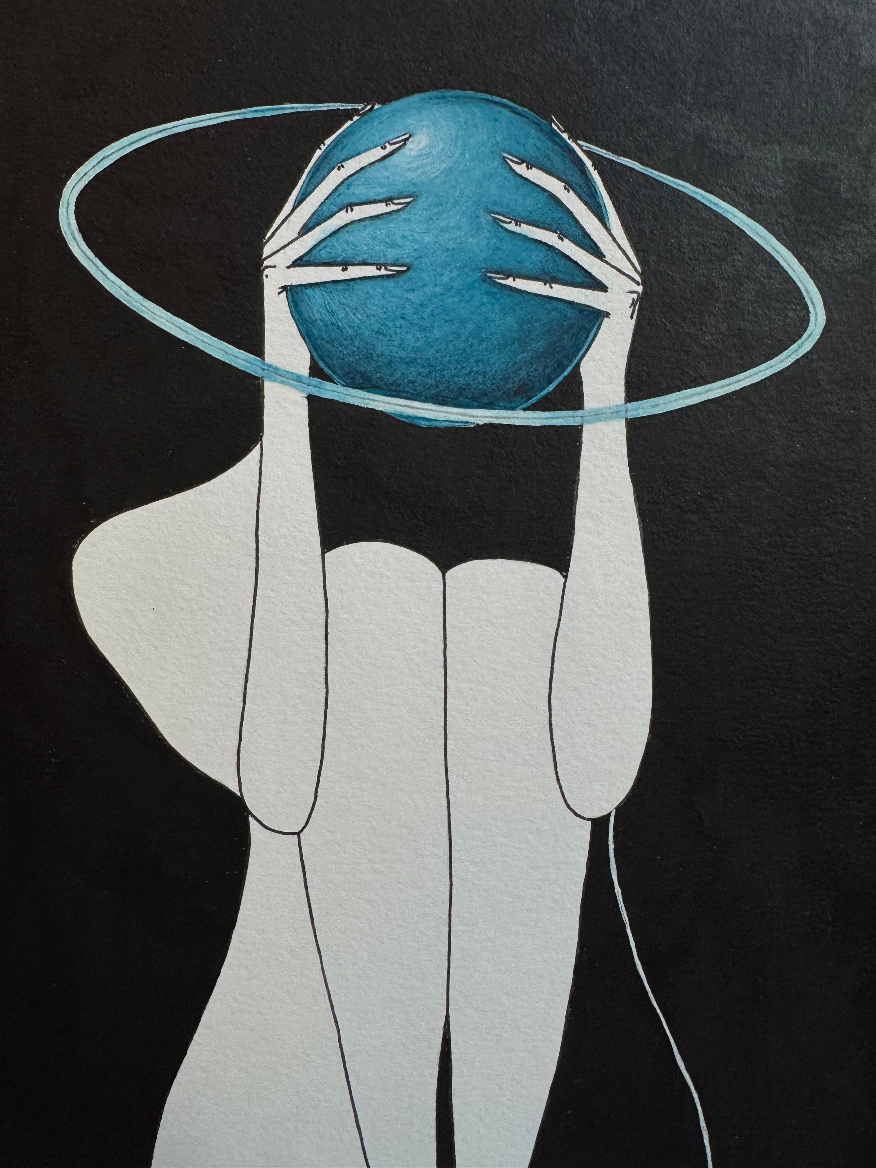 Deep inside (blue planet)- line drawing woman figure with circle - Minimalist Painting by Mila Akopova