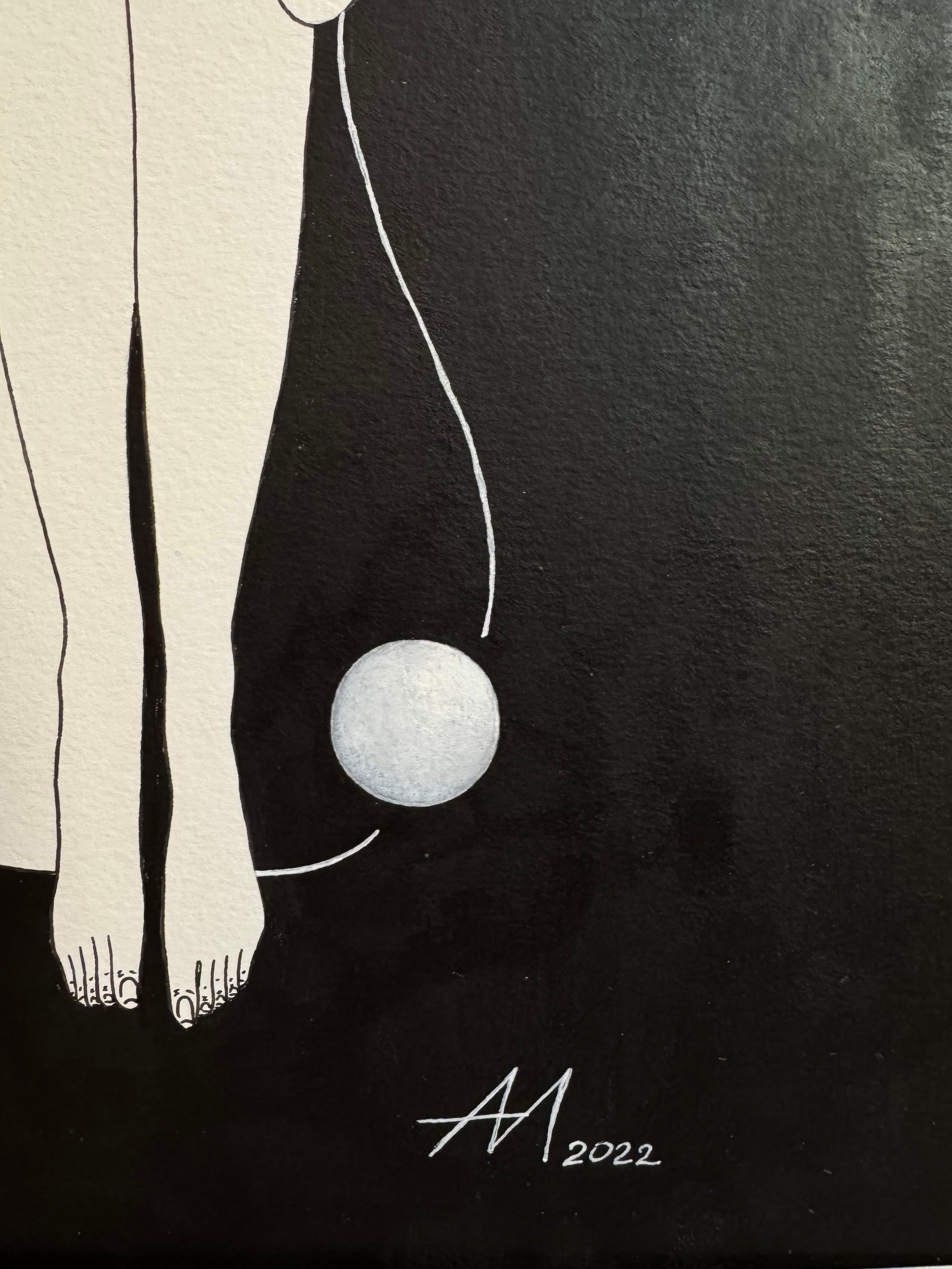 Deep inside (blue planet)- line drawing woman figure with circle - Gray Abstract Painting by Mila Akopova