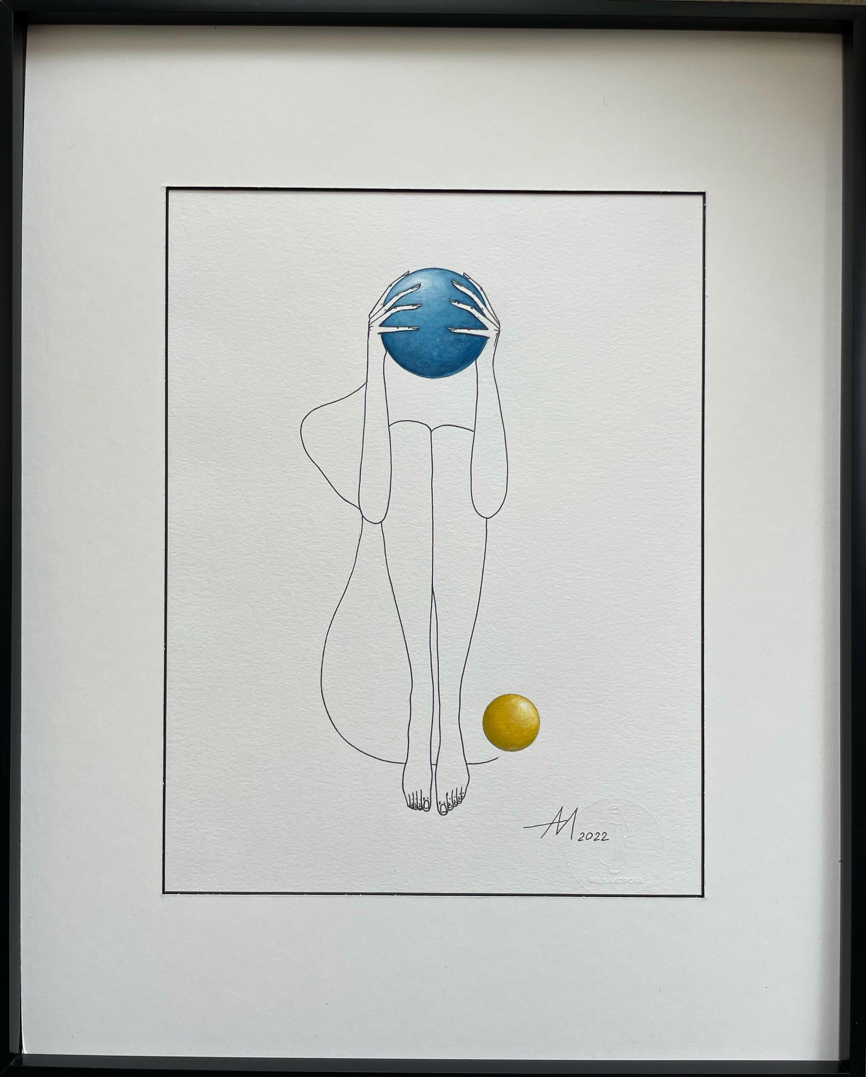 Mila Akopova Abstract Painting – Das Geheimnis des gelb-blauen Planeten - Linienzeichnung einer Fraufigur mit Kreis