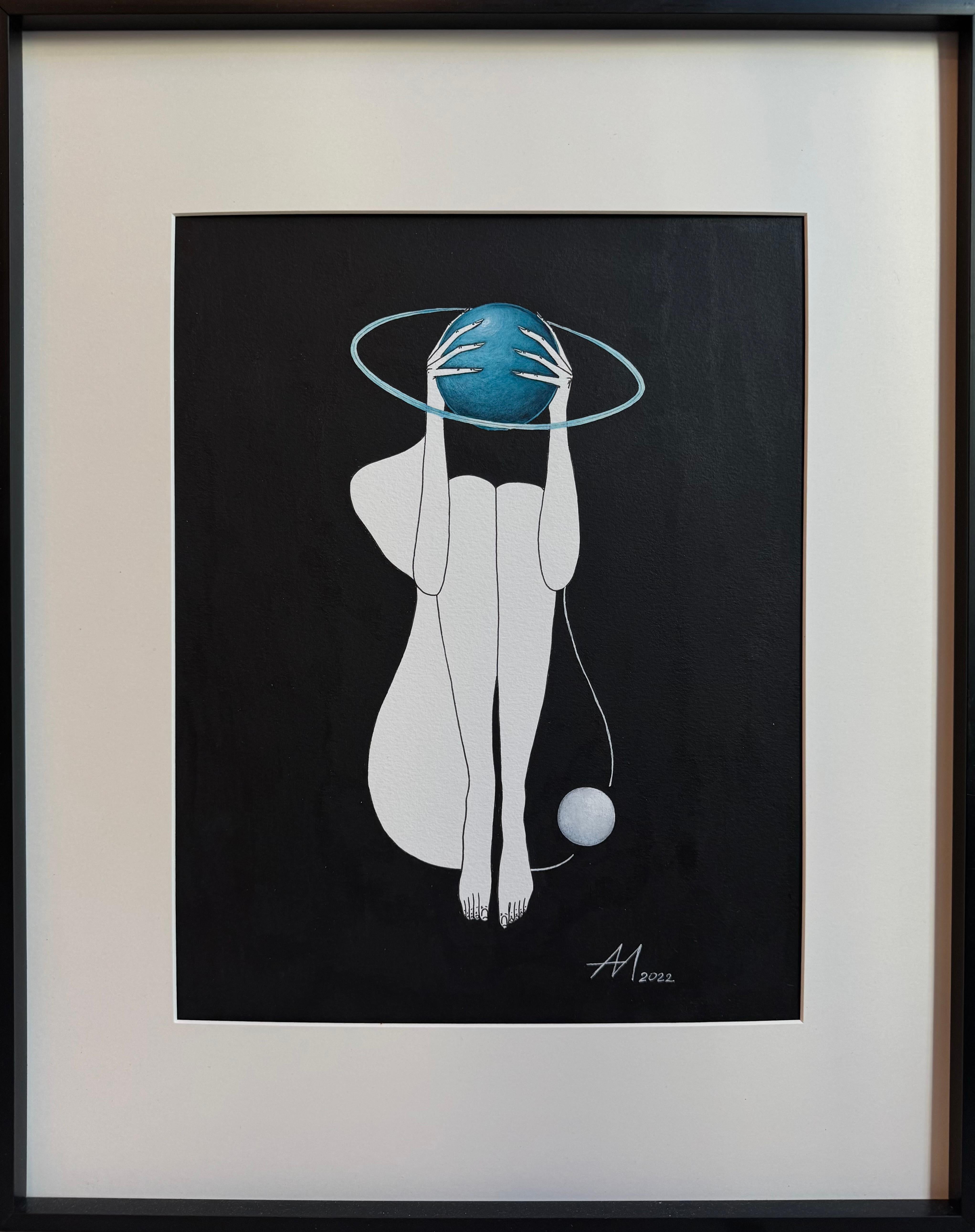 Mila Akopova Abstract Painting - Deep inside (blue planet)- line drawing woman figure with circle