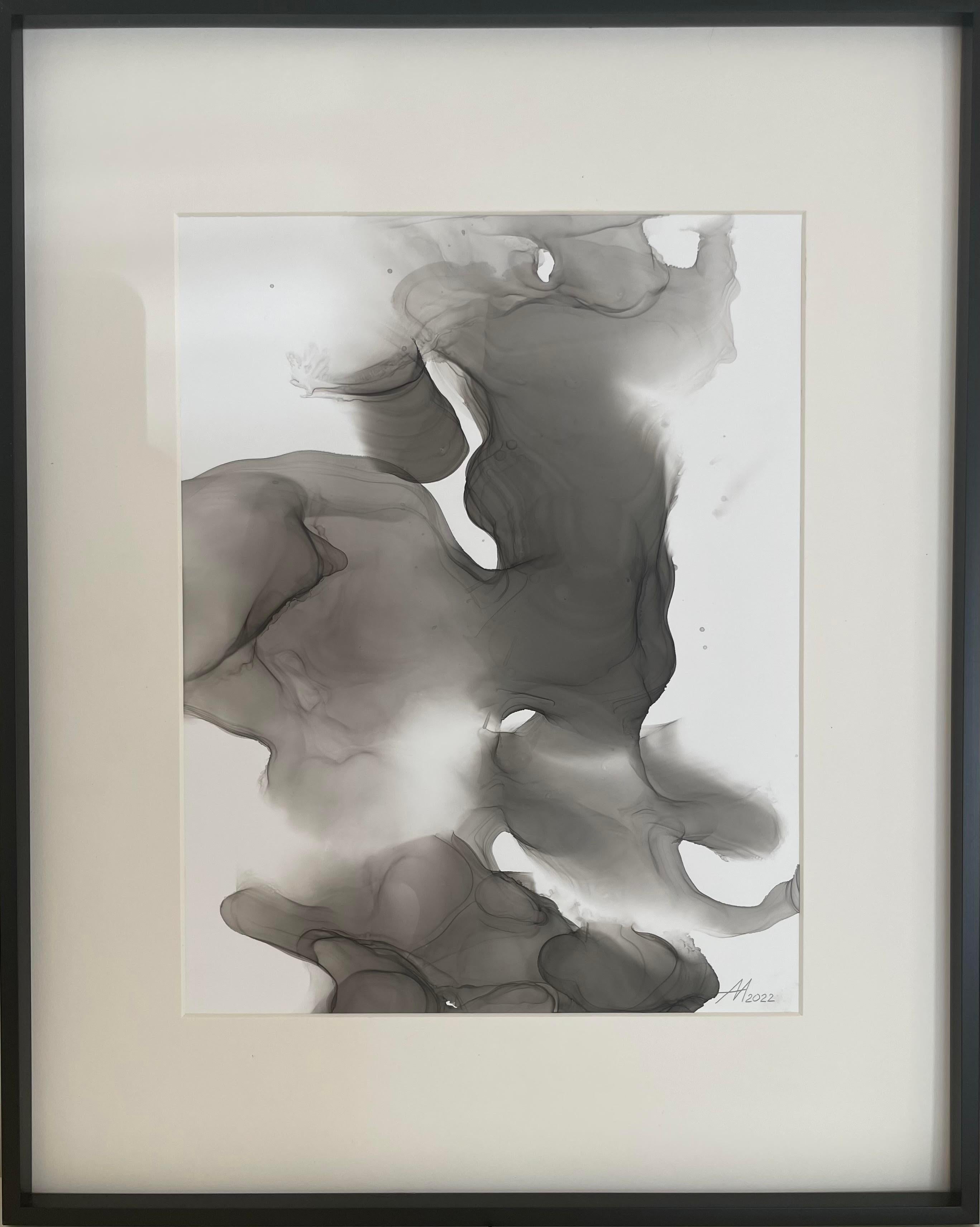 Mila Akopova Abstract Drawing - The Flower - abstract painting, made in black, grey color