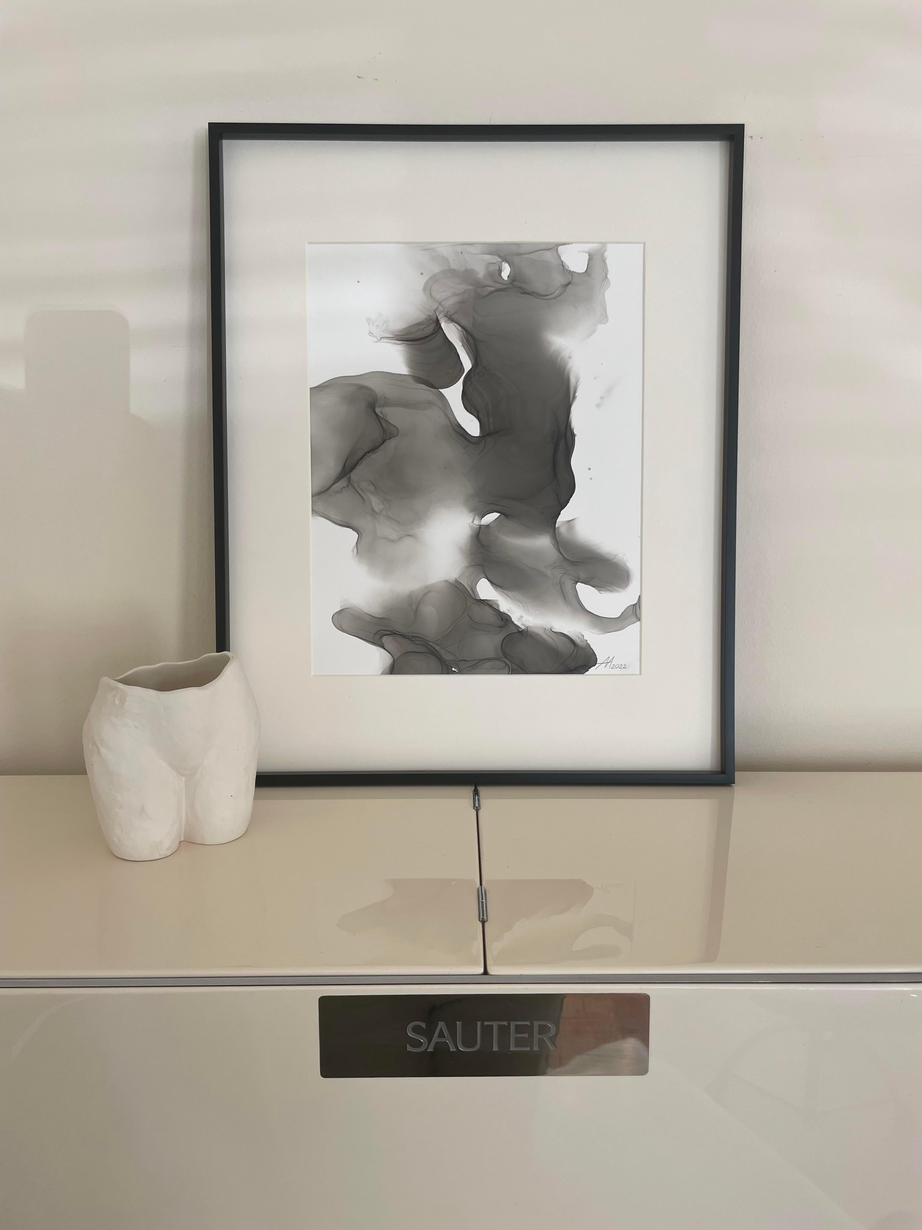 The Flower - abstract painting, made in black, grey color - Art by Mila Akopova