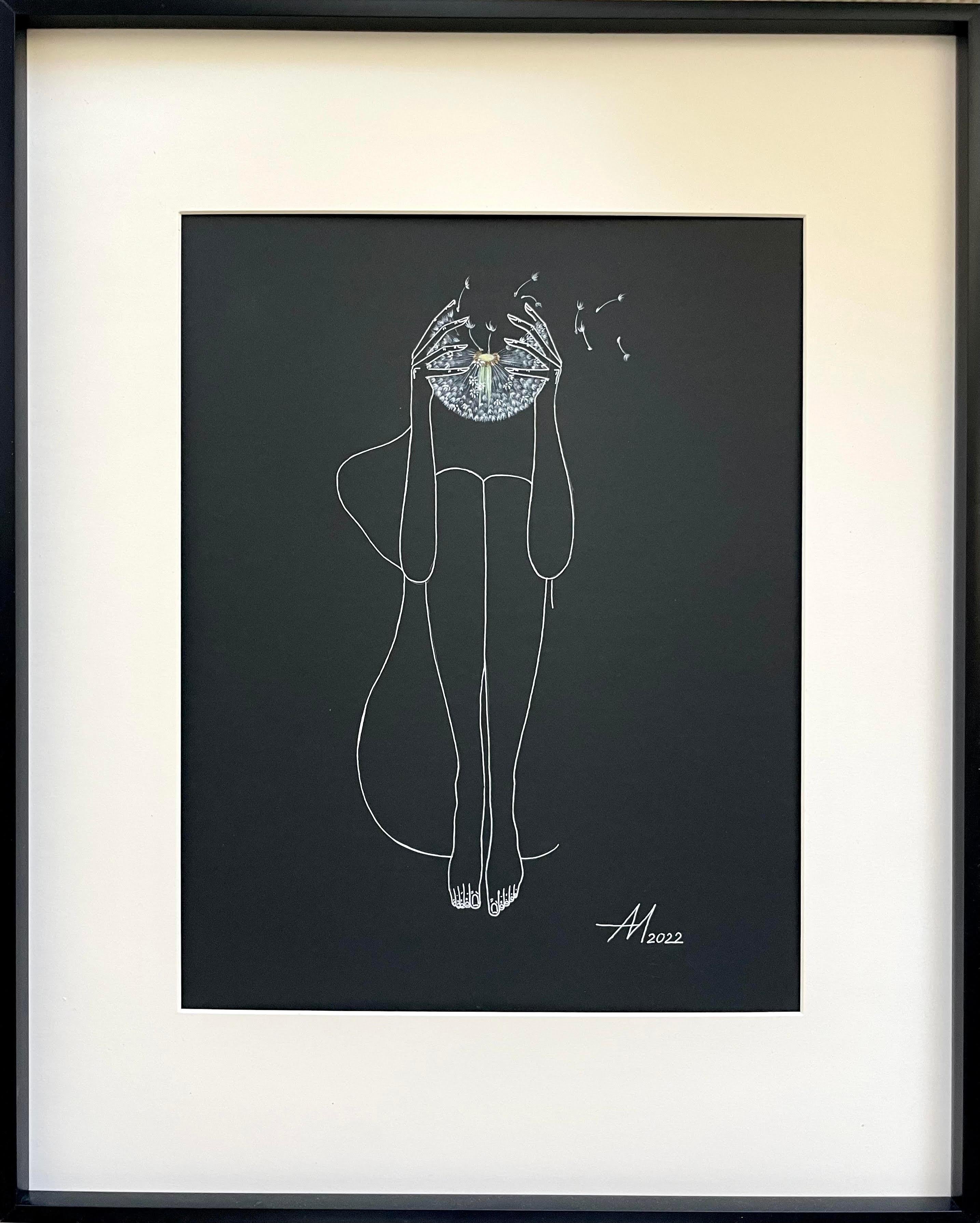 Mila Akopova Abstract Drawing – Thoughts – Zeichnung einer Frau mit weißem Dandelion