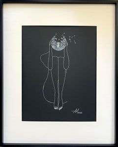 Pensamientos - dibujo lineal figura de mujer con diente de león blanco