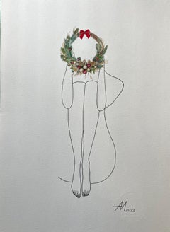 Christmas mood II- line drawing woman figure with wreath
