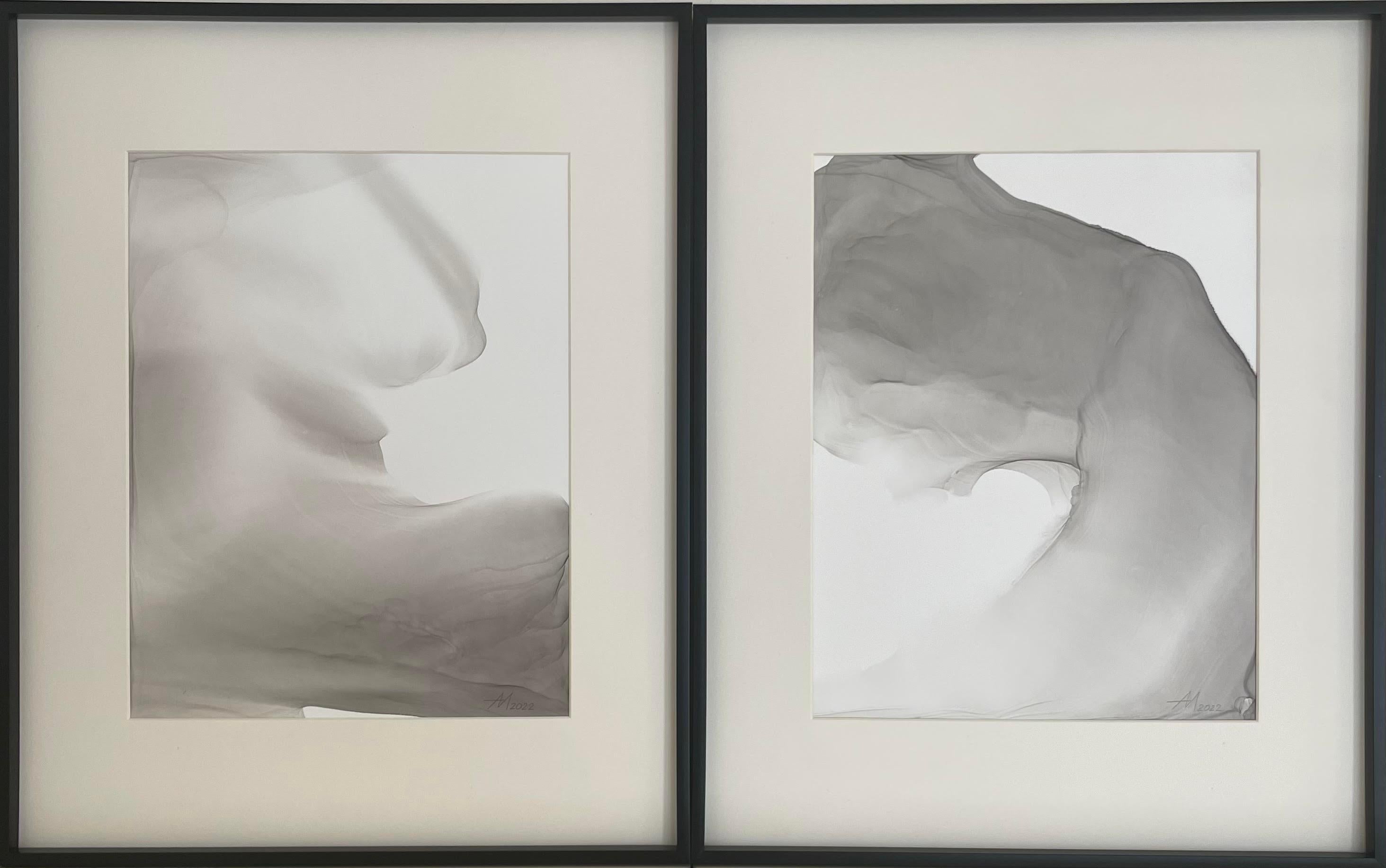 Vagues - peinture abstraite, réalisée en noir, gris