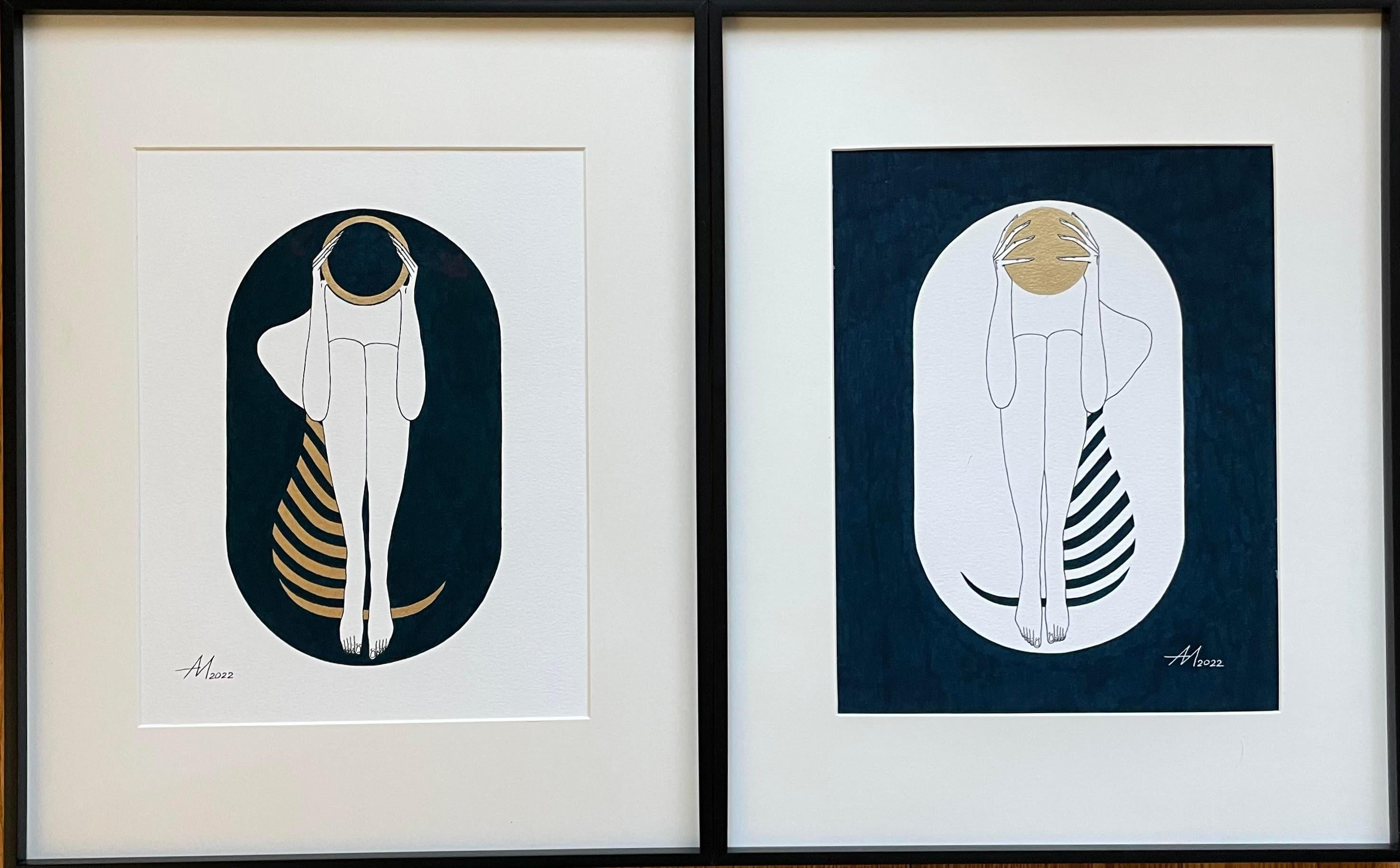 Mila Akopova Abstract Drawing - Turquoise blue and white capsule -line drawing figure with gold disk and stripes