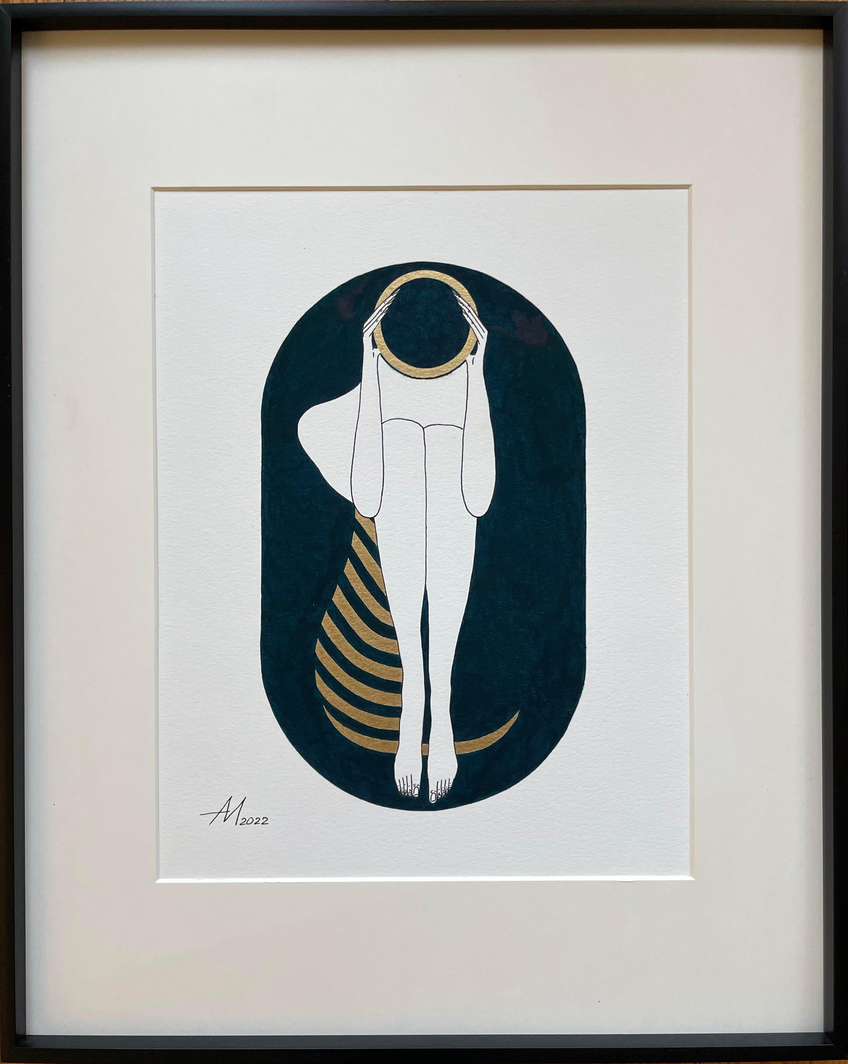 Turquoise blue and white capsule -line drawing figure with gold disk and stripes - Art by Mila Akopova