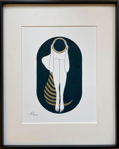 Turquoise blue and white capsule -line drawing figure with gold disk and stripes