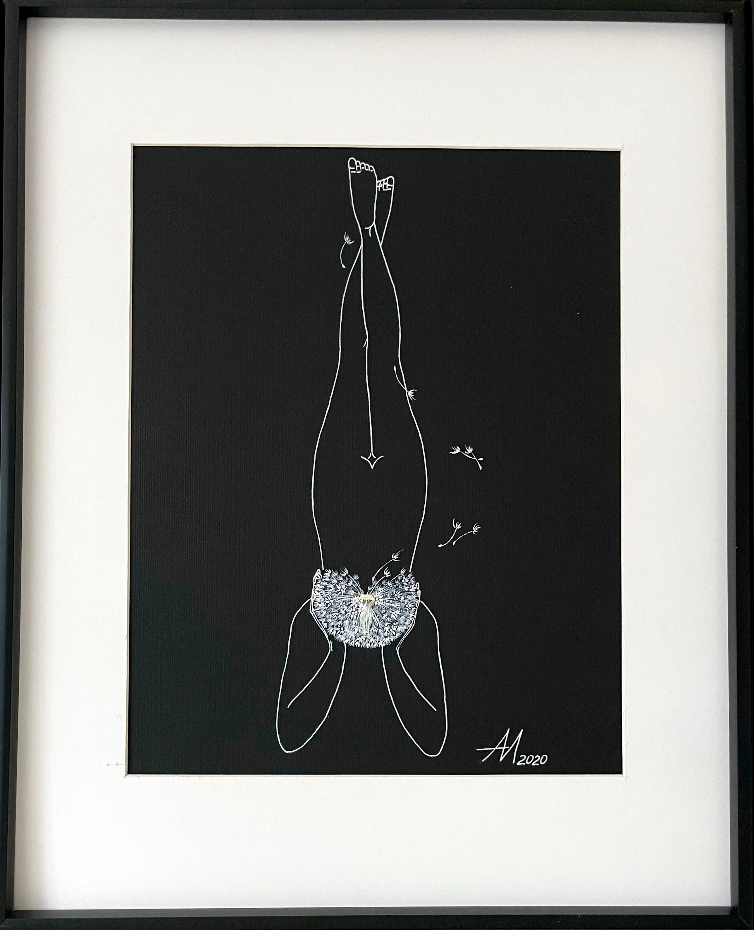Thoughts - line drawing woman figure with white dandelions - Black Abstract Drawing by Mila Akopova