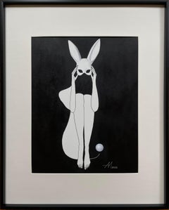 Suivre le lapin blanc - dessin au trait d'une femme 