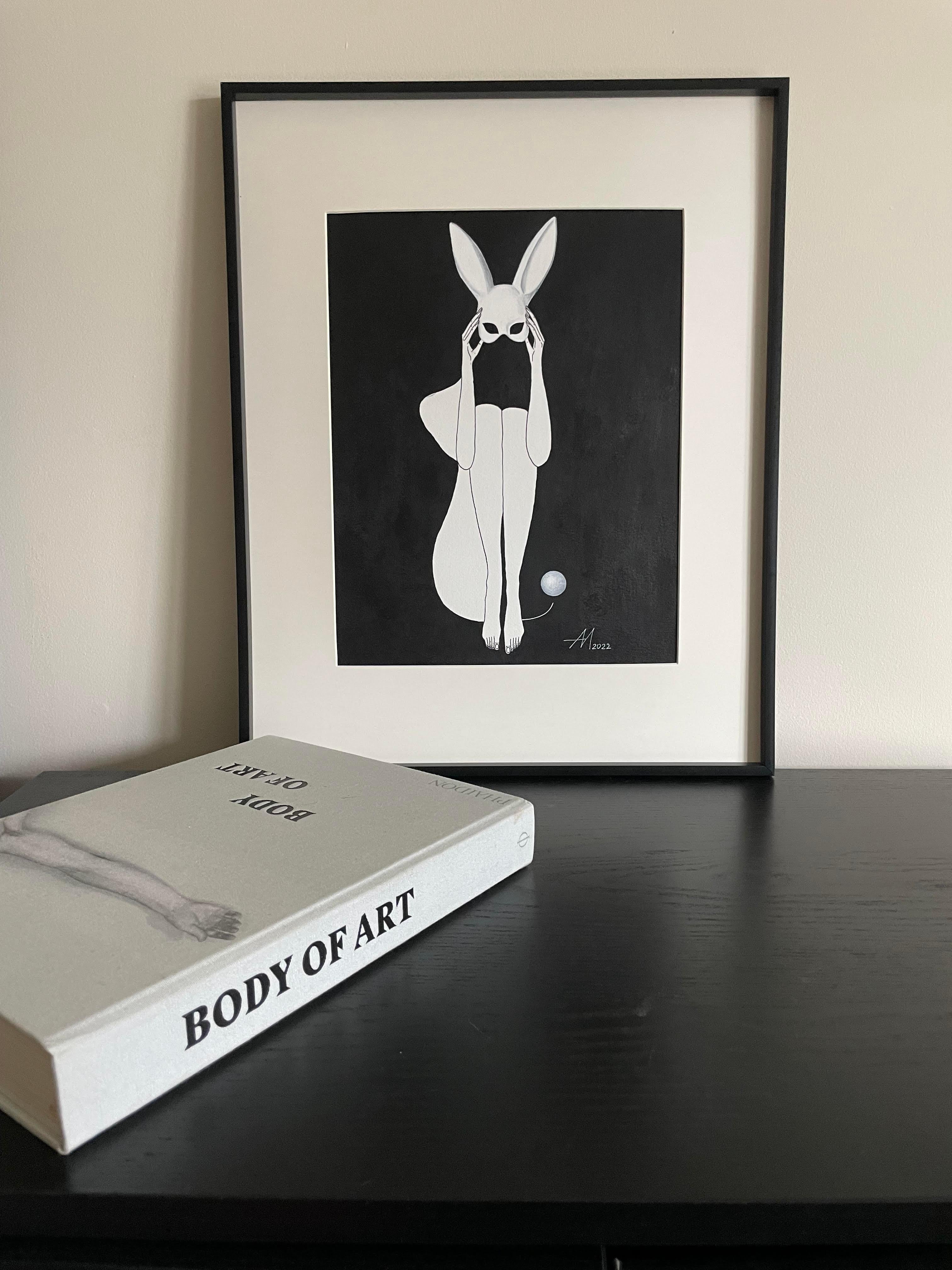 Follow the white rabbit - line drawing woman figure  - Art by Mila Akopova