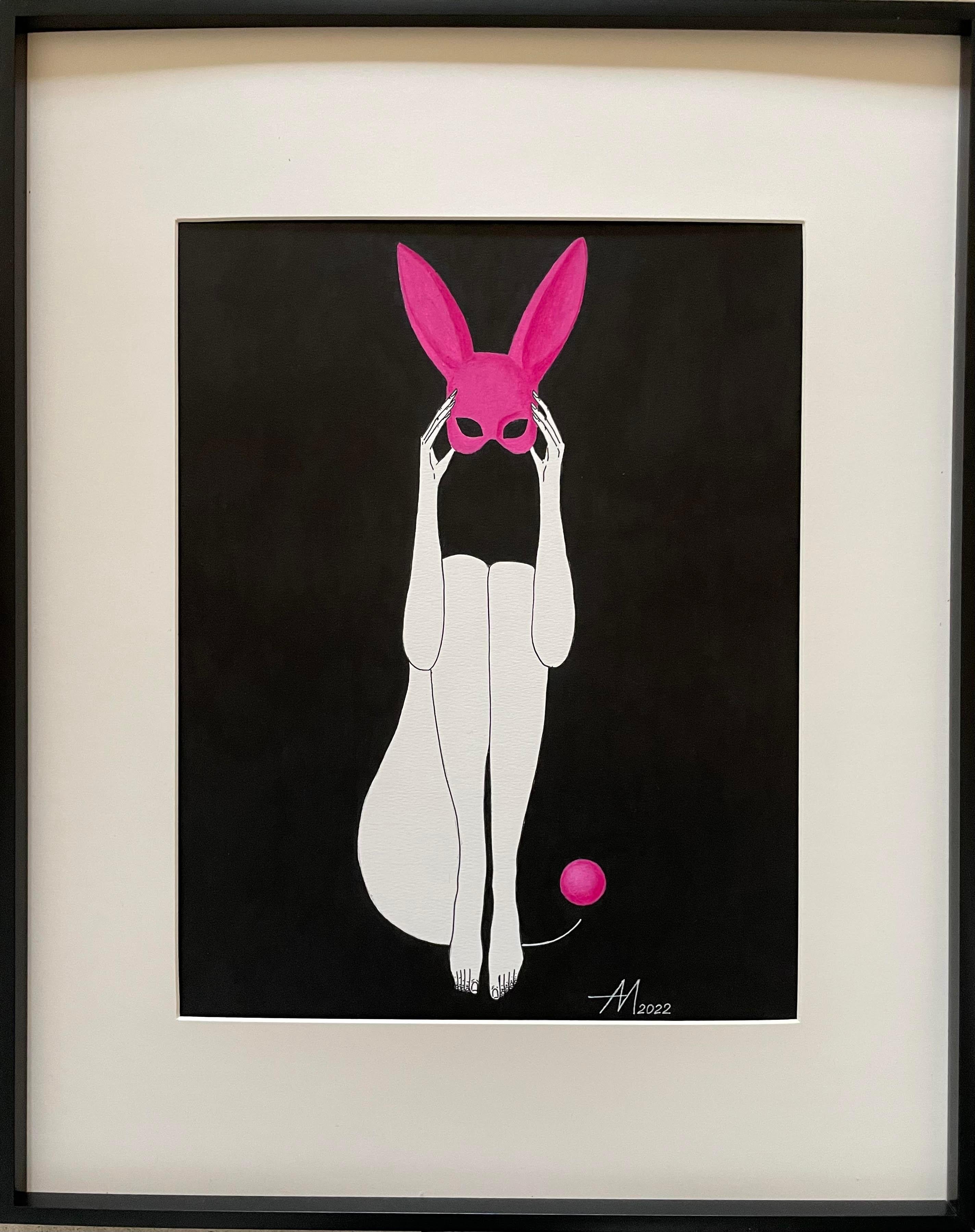 Mila Akopova Abstract Drawing - Follow the pink rabbit - line drawing woman figure 