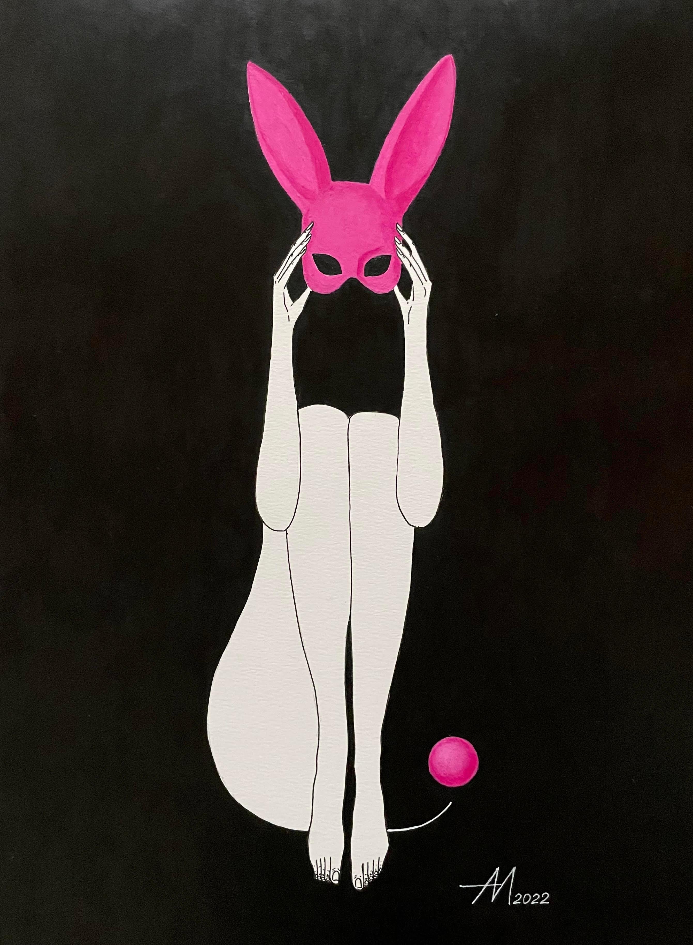 Follow the pink rabbit - line drawing woman figure  - Art by Mila Akopova