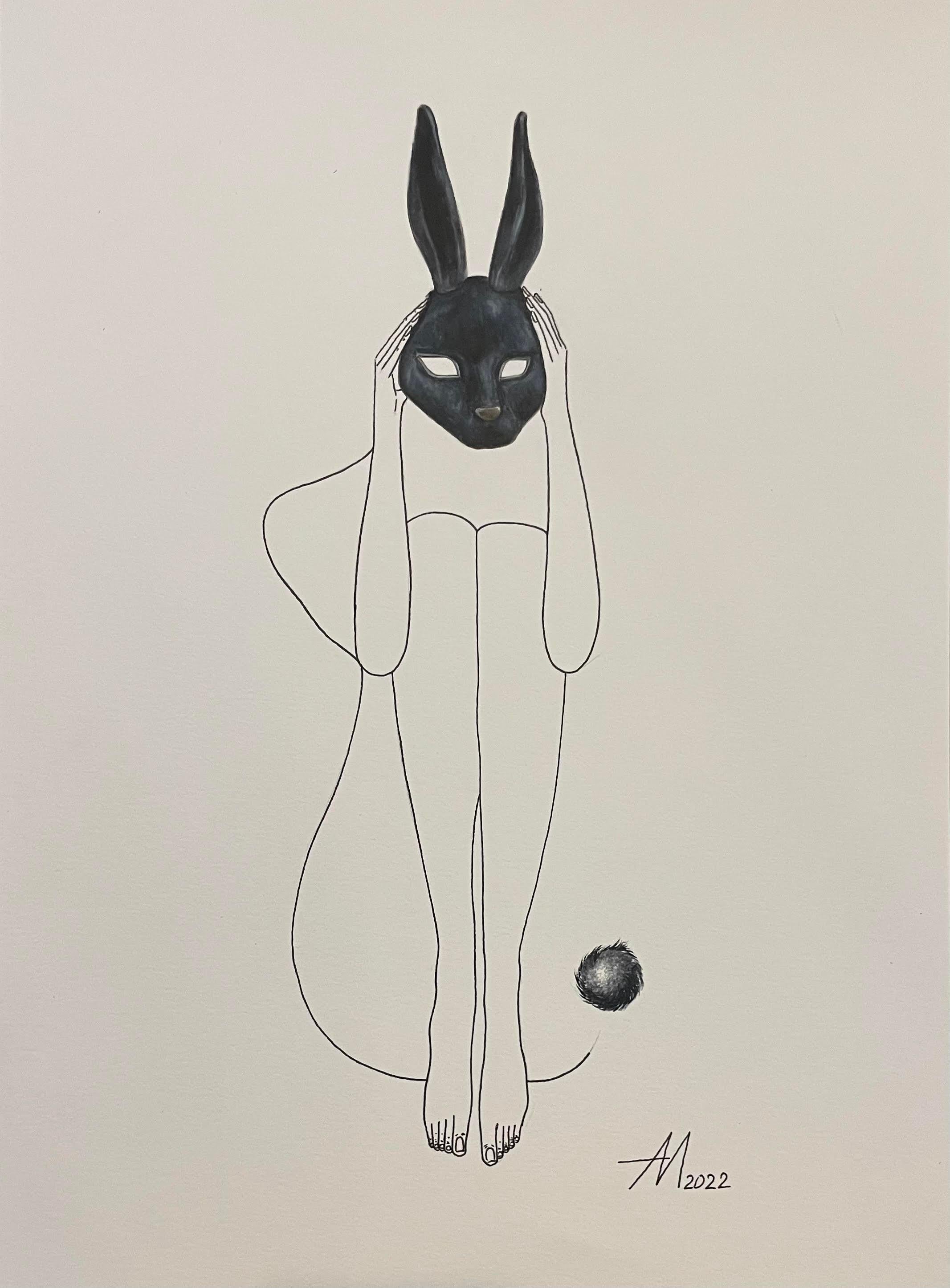 Mila Akopova Abstract Drawing - Follow the Black rabbit - line drawing woman figure 