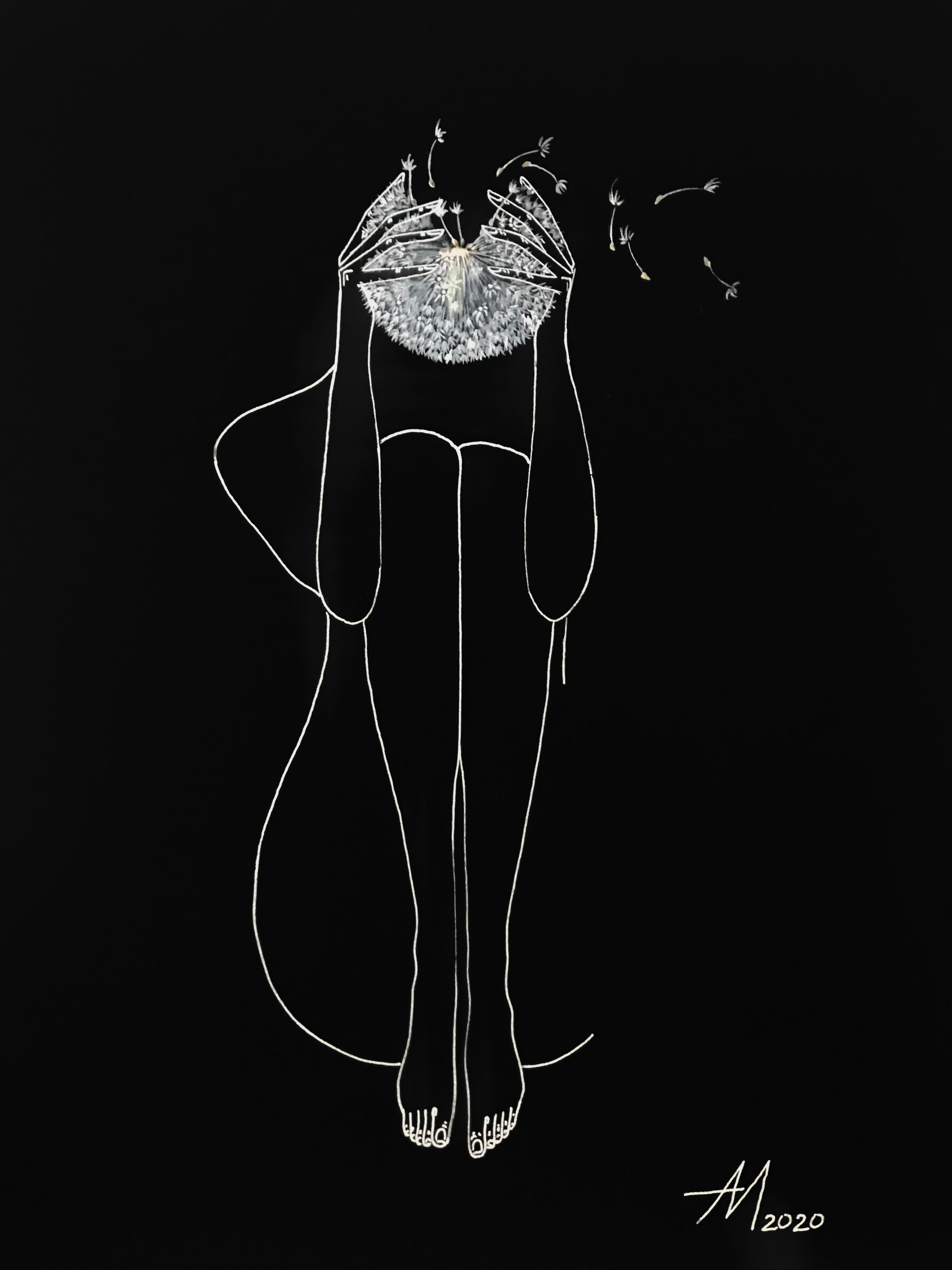 Mila Akopova Abstract Drawing – Thoughts – Linienzeichnende Fraufigur mit Dandelion