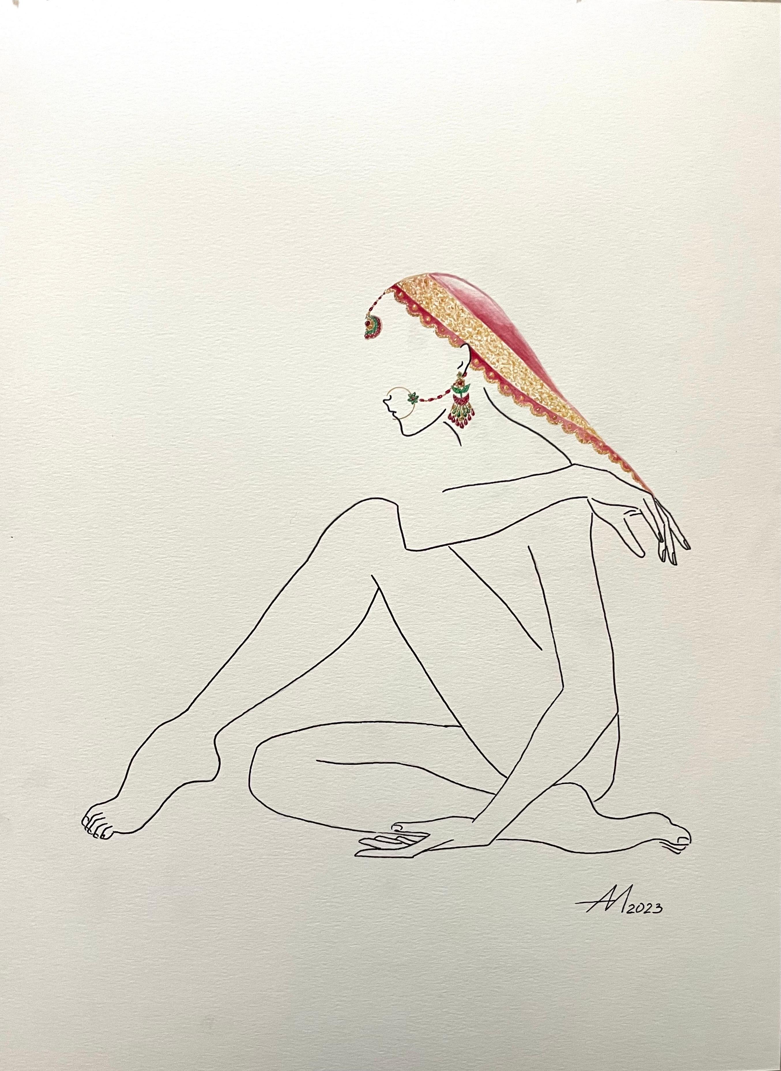 Mila Akopova Abstract Painting - Waiting for the Maharaja II- line drawing woman figure with jewelry
