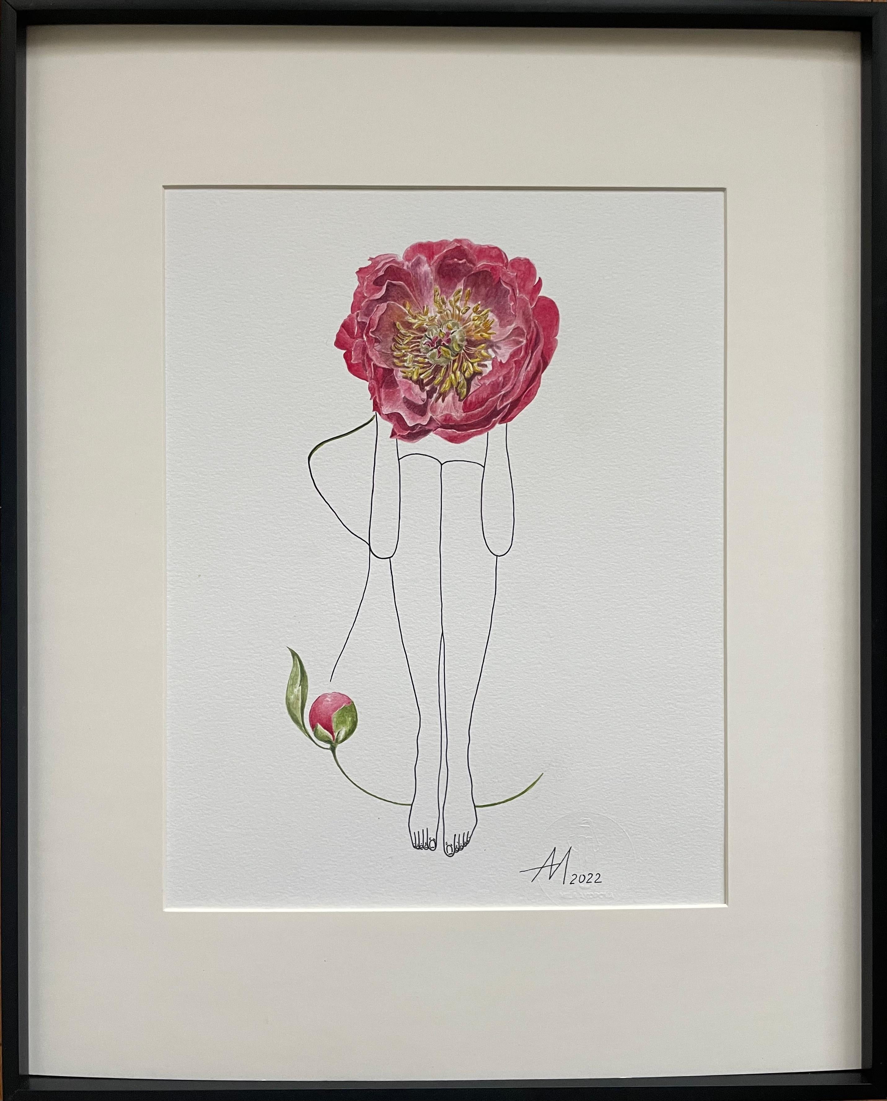 Mila Akopova Abstract Drawing – Koralle Hai Pfingstrose - Strichzeichnung Frau Figur mit Blume
