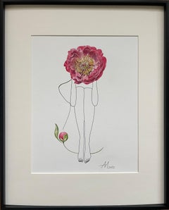 Coral Shark Peony - dessin au trait femme avec fleur