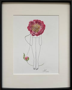Corail, pivoine, dessin au trait d'une figure de femme avec fleur