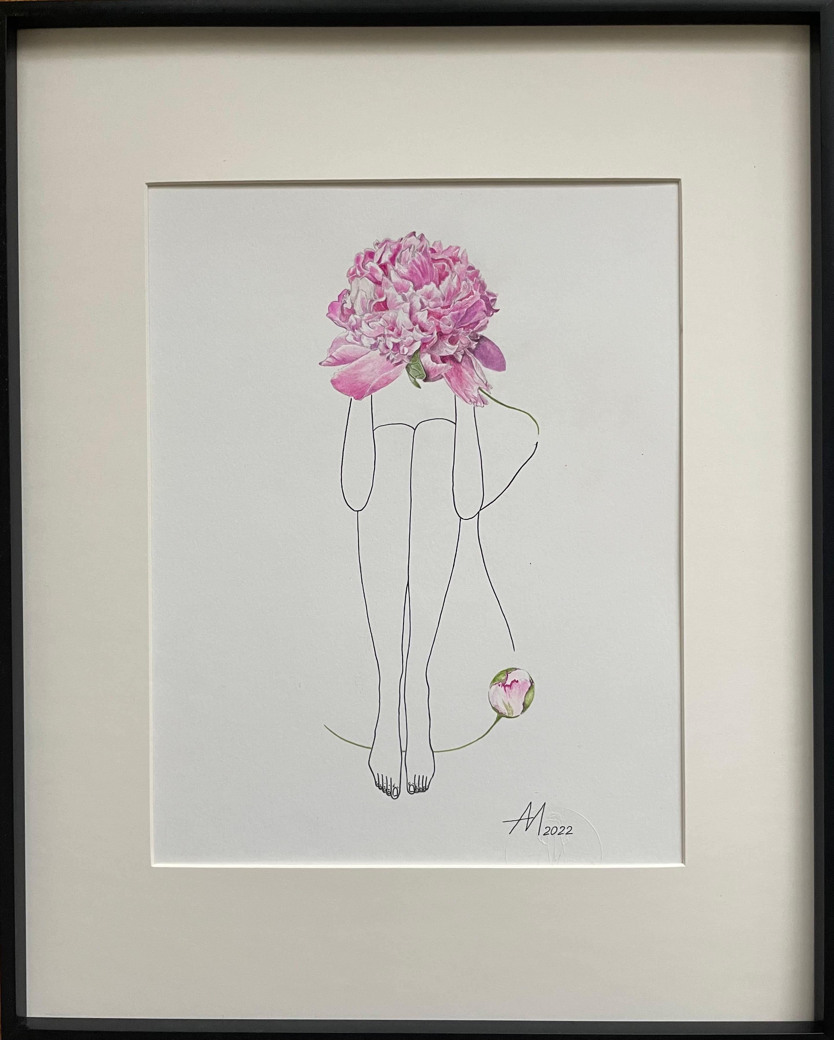 Mila Akopova Figurative Art – Monsieur Jules Elite Pfingstrose - Strichzeichnung Fraufigur mit Blume
