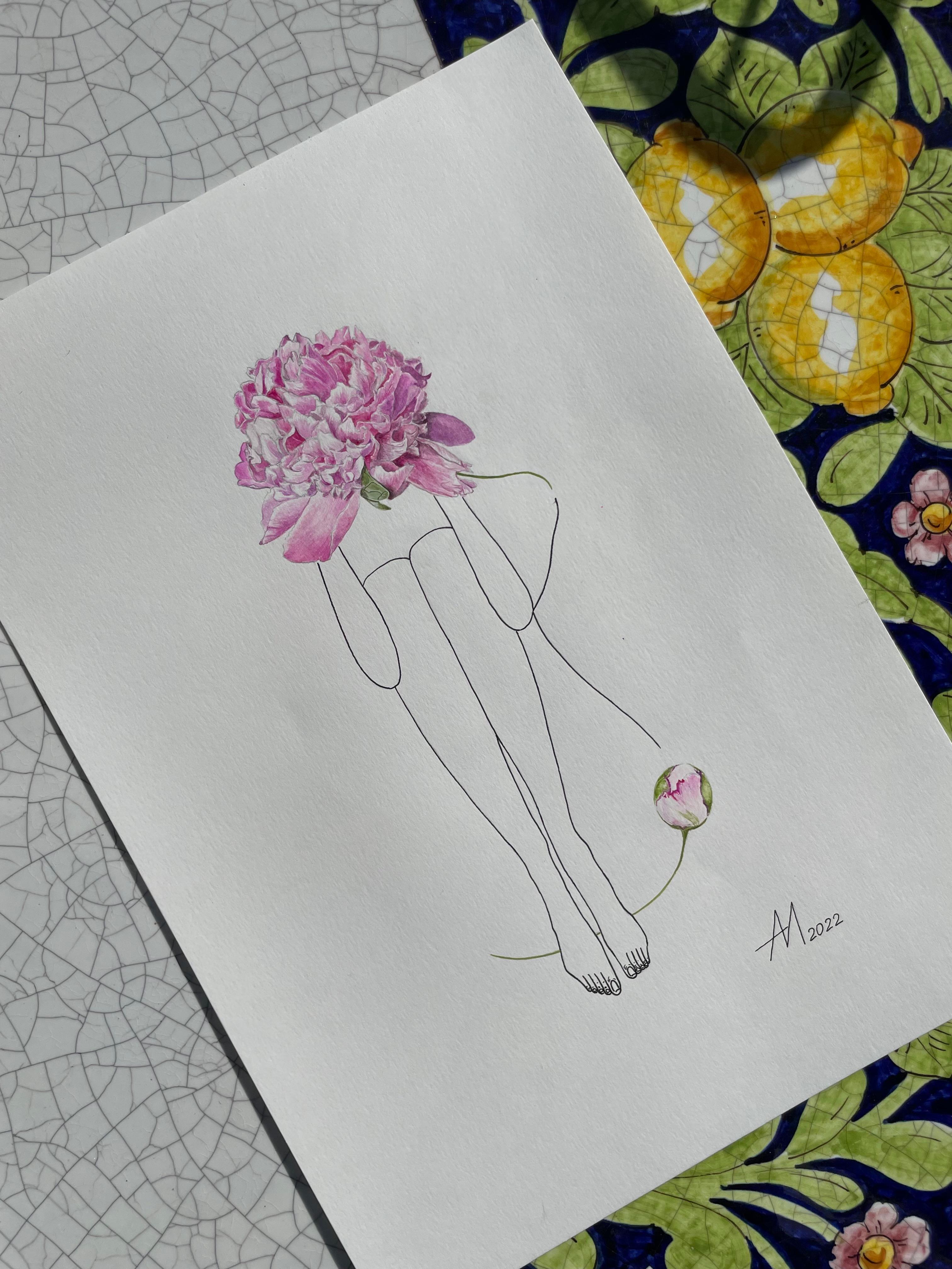 Monsieur Jules Elite Pfingstrose - Strichzeichnung Fraufigur mit Blume im Angebot 1