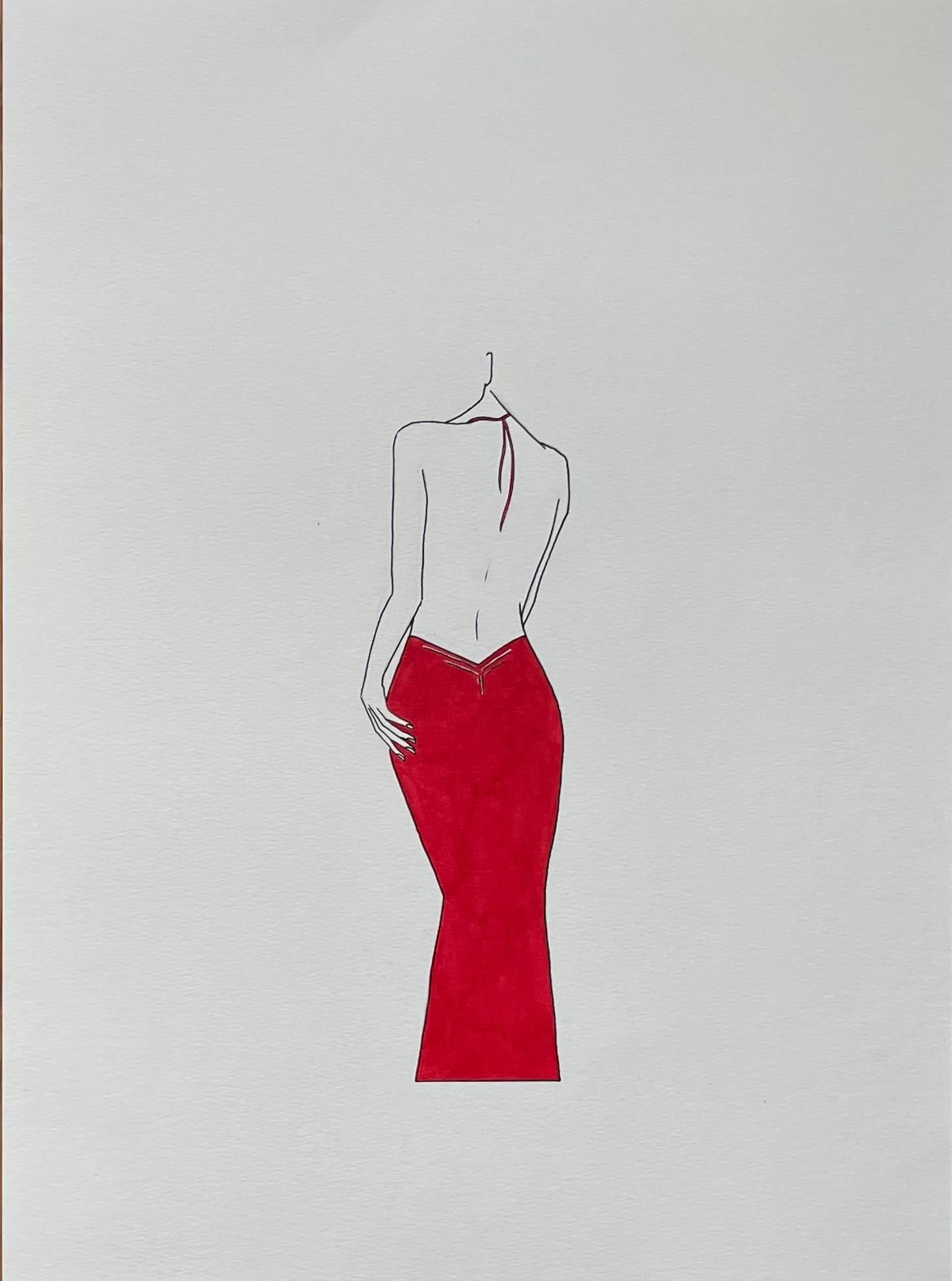 Mila Akopova Abstract Painting - Lady in red - Line Drawing Woman Body in red dress, 2024