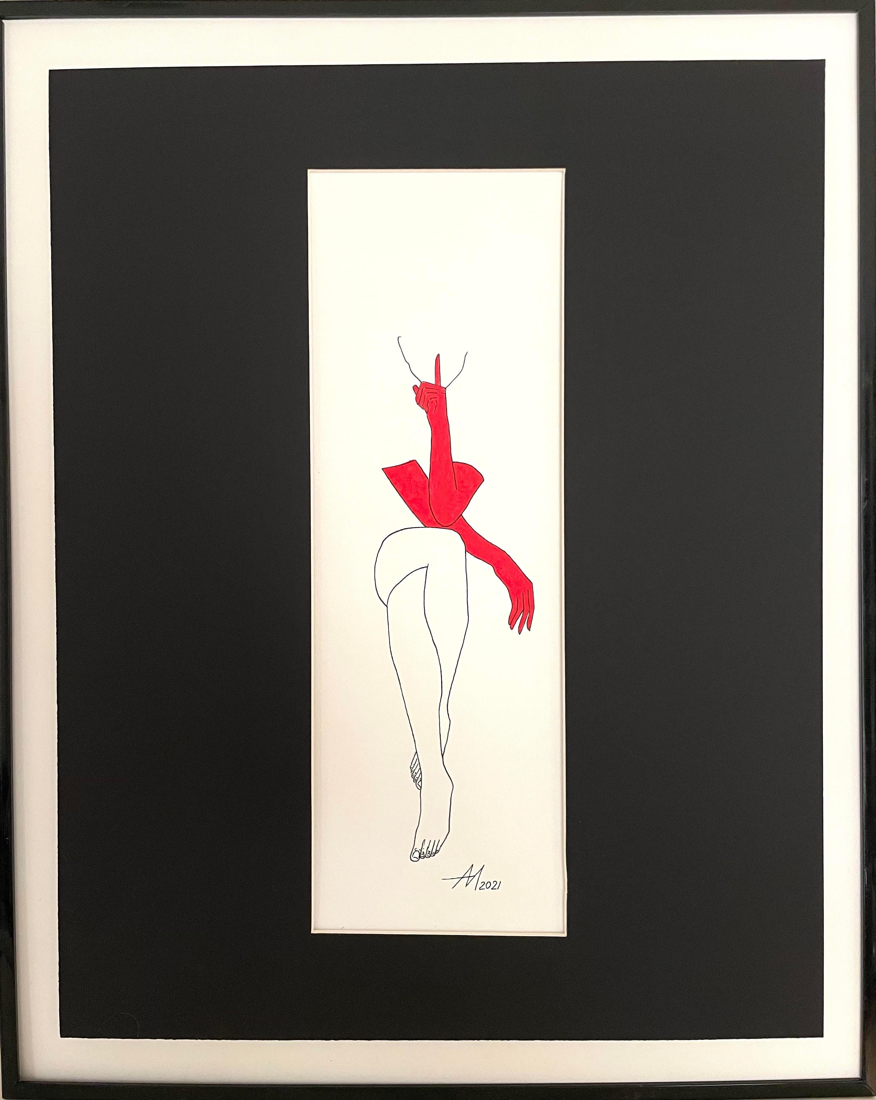 Abstract Painting di Mila Akopova - Silenzio - disegno al tratto di una figura con guanti rossi