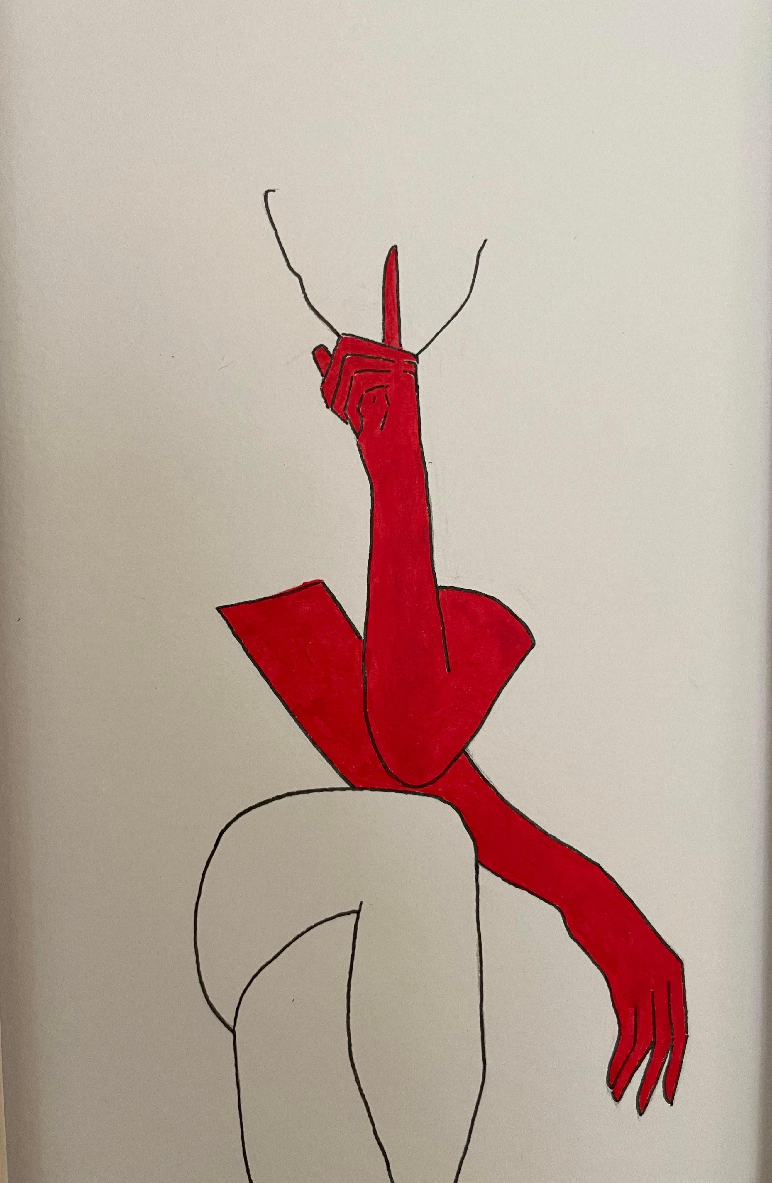 Silenzio - disegno al tratto di una figura con guanti rossi - Painting di Mila Akopova