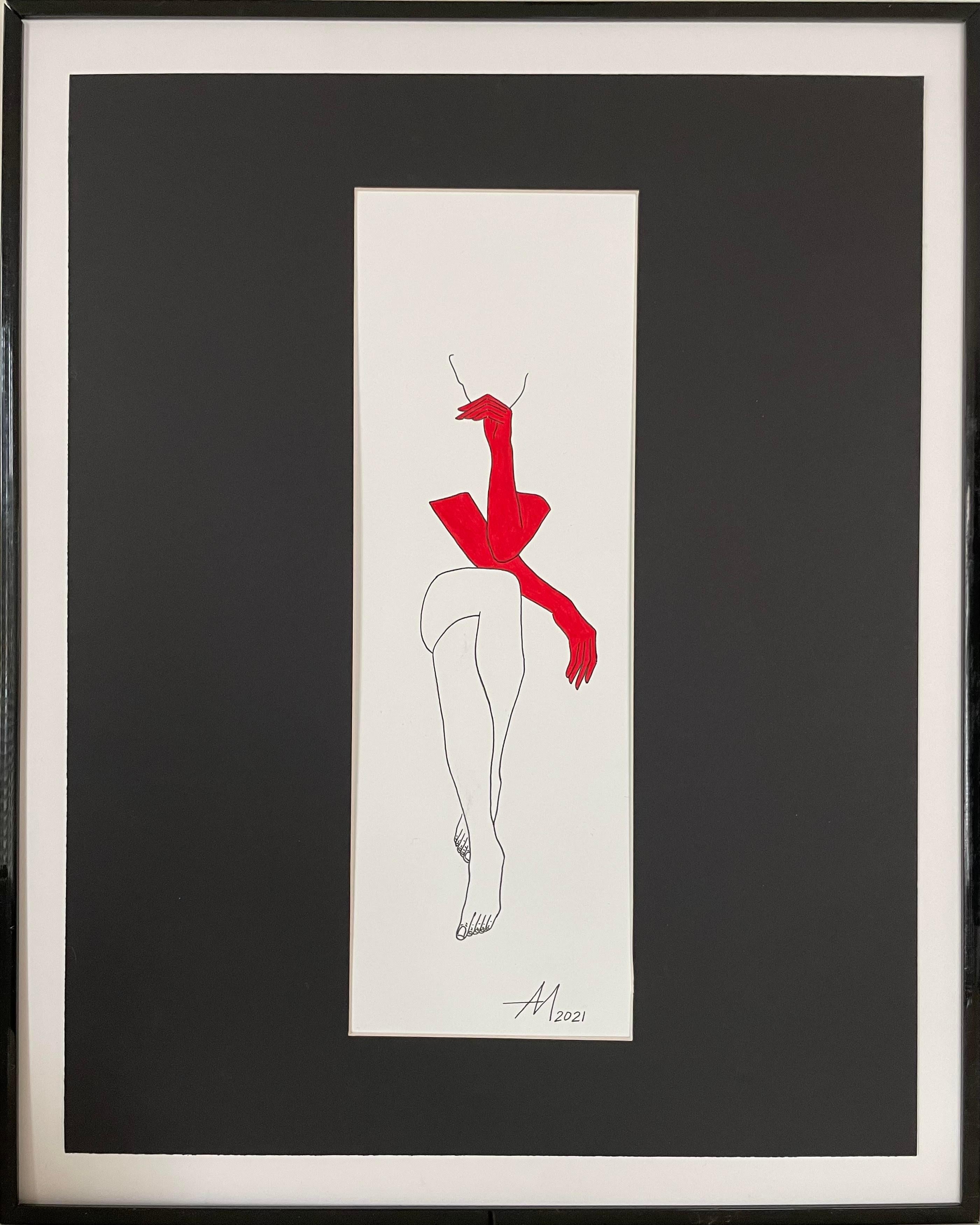 Mila Akopova Abstract Drawing – Challenge - Strichzeichnung Figur mit roten Handschuhen