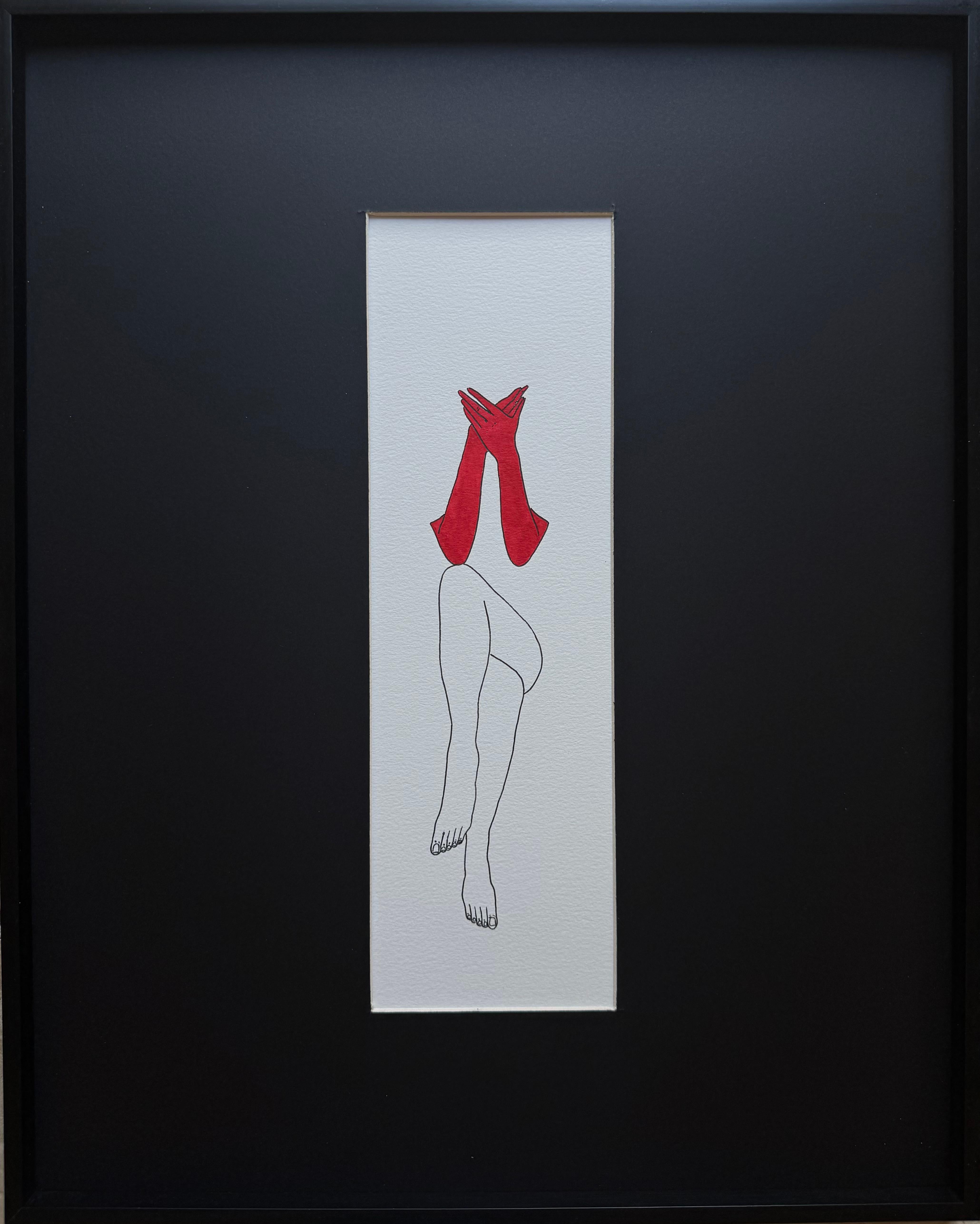 Does not see, does not hear, does not speak -line drawing figure with red gloves - Black Abstract Drawing by Mila Akopova